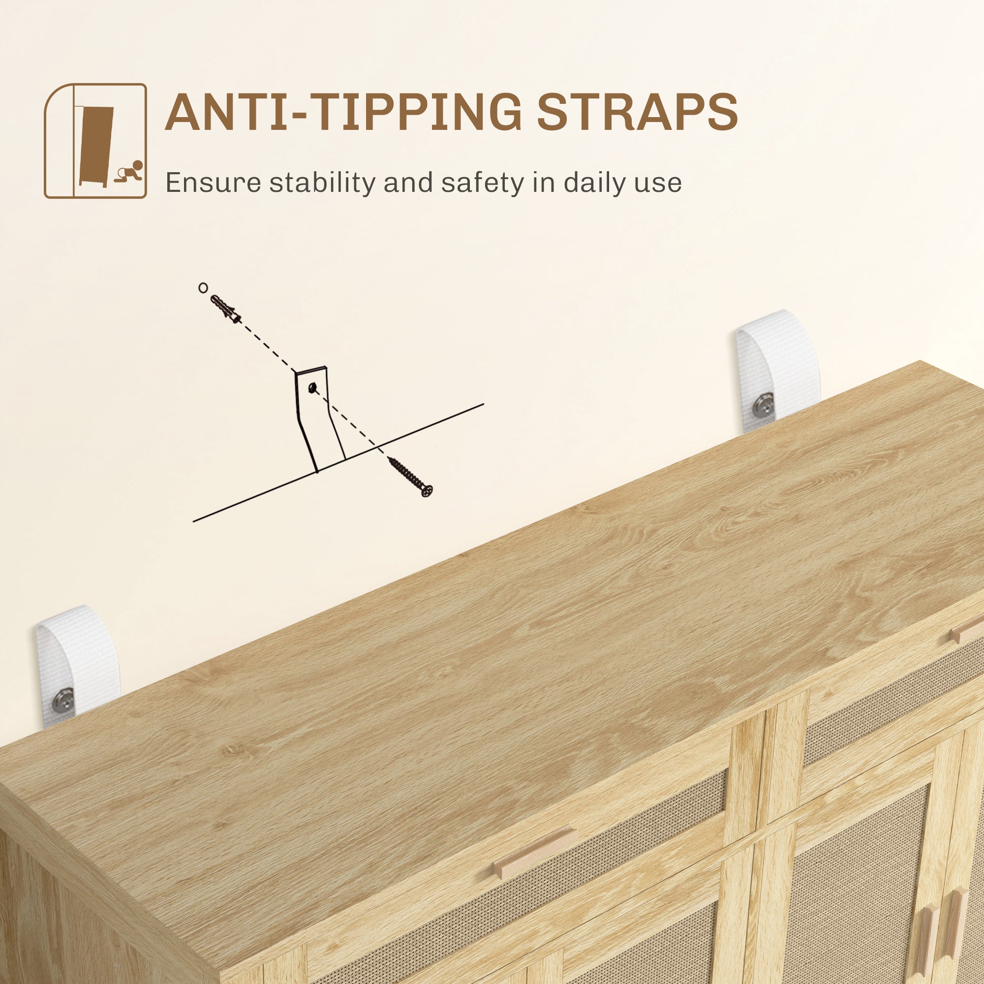 Solace Rattan Sideboard Cabinet, Entryway Cabinet with Drawers, Oak