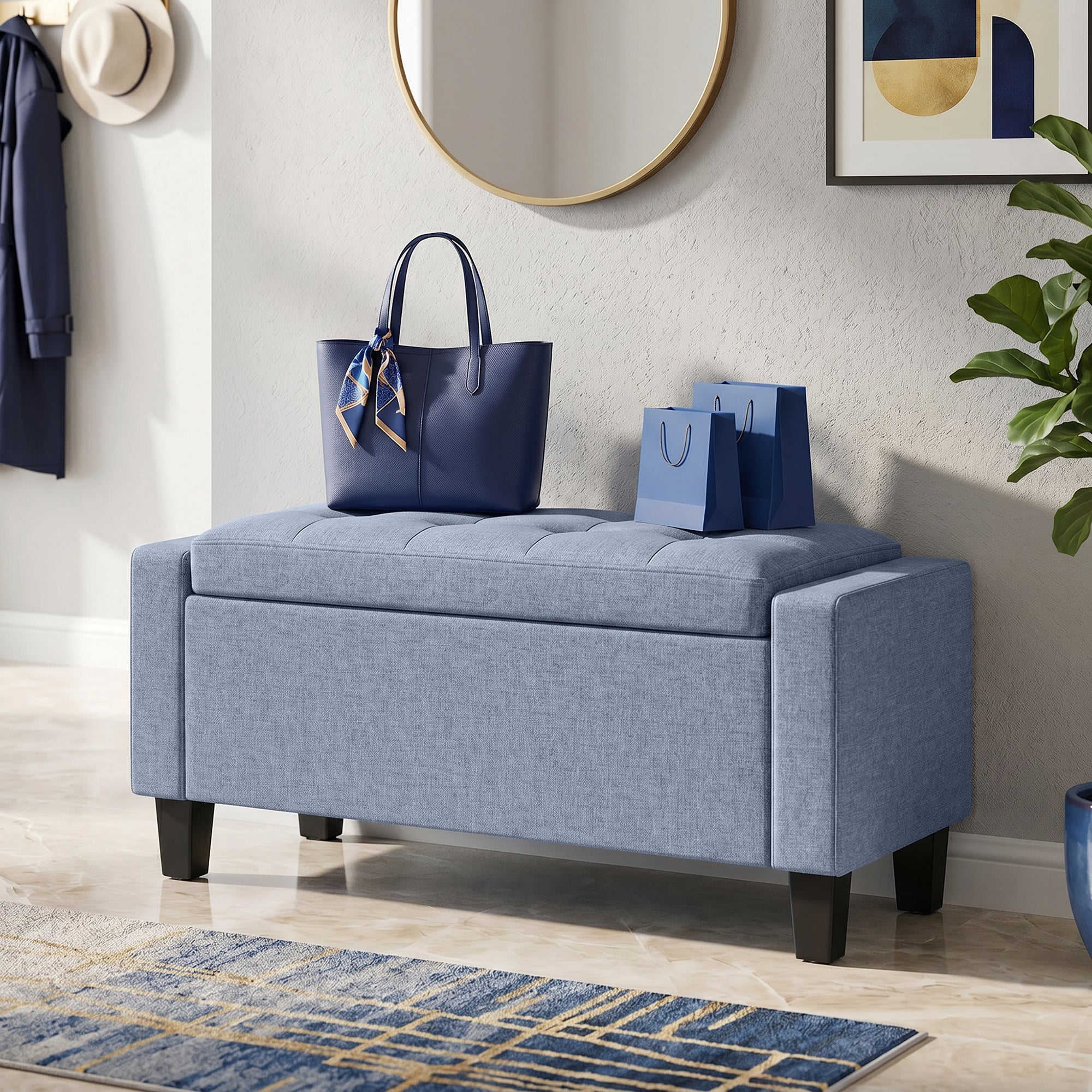 36.6" Tufted Fabric Rectangular Storage Ottoman, Sitting Bench with Armrests and Wooden Legs, Holds up to 528 lbs, for Entryway, Living Room, Bedroom, Dark Gray