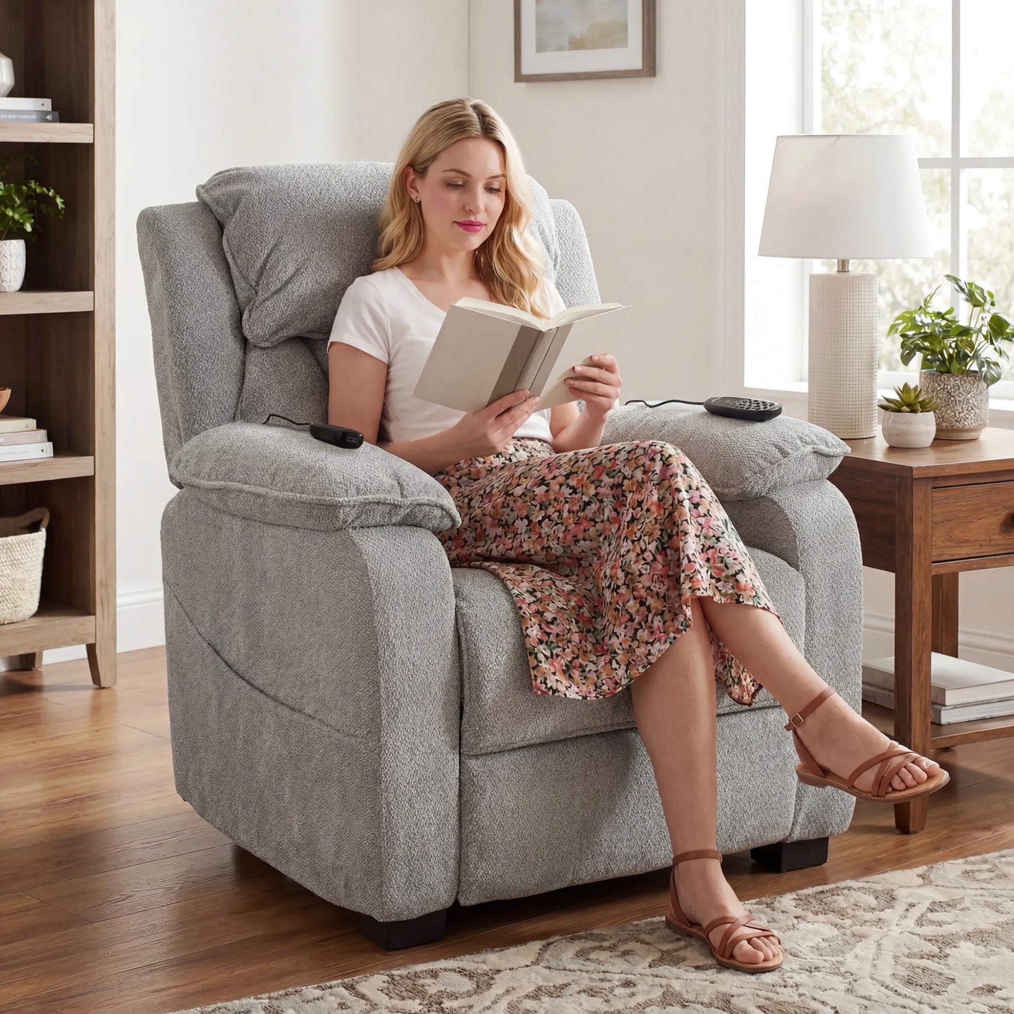 Power Recliner Armchair with Massage and Heat, Velvet-Feel Fabric Quiet Electric Reclining Chair with Wide Spring Seat, Memory Function, High Back, Headrest, USB Port, Side Pockets, Light Grey