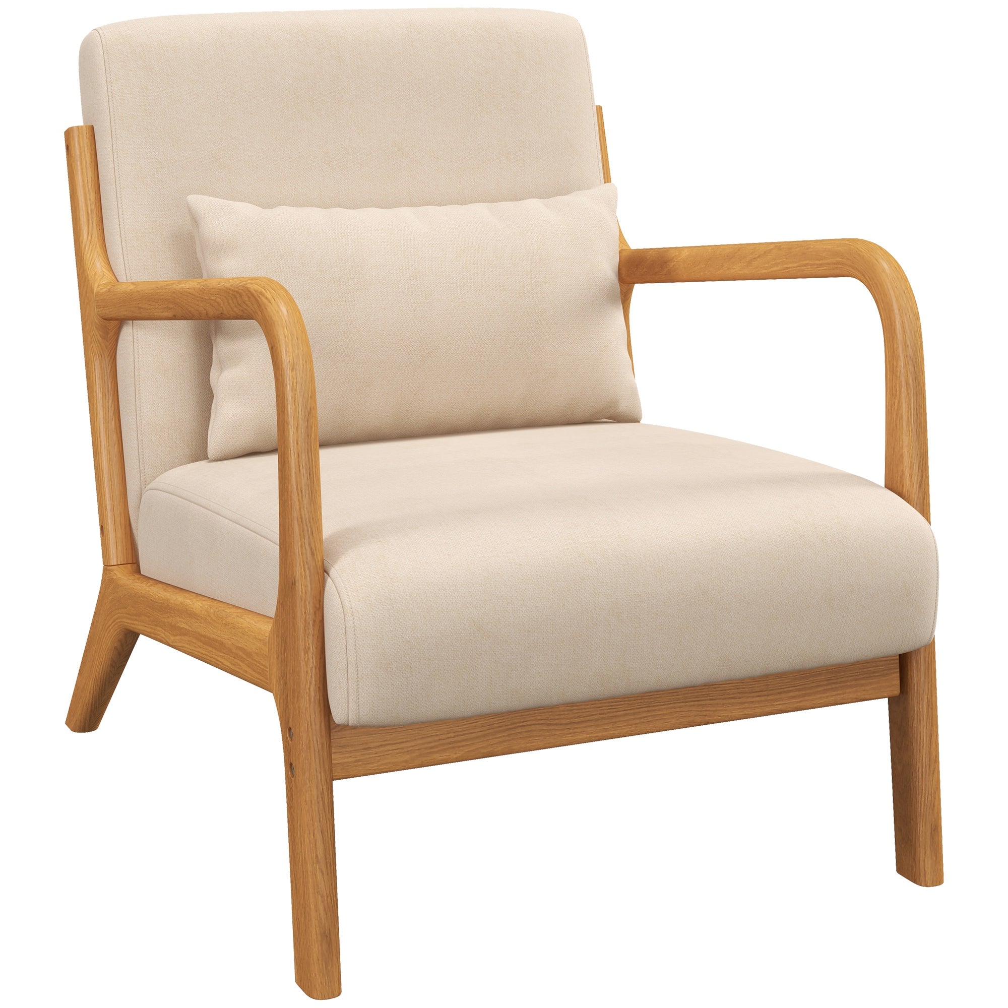 Fabric Accent Chair, Velvet Armchair, Retro Living Room Chair with Wood Legs and Thick Padding for Bedroom, Beige