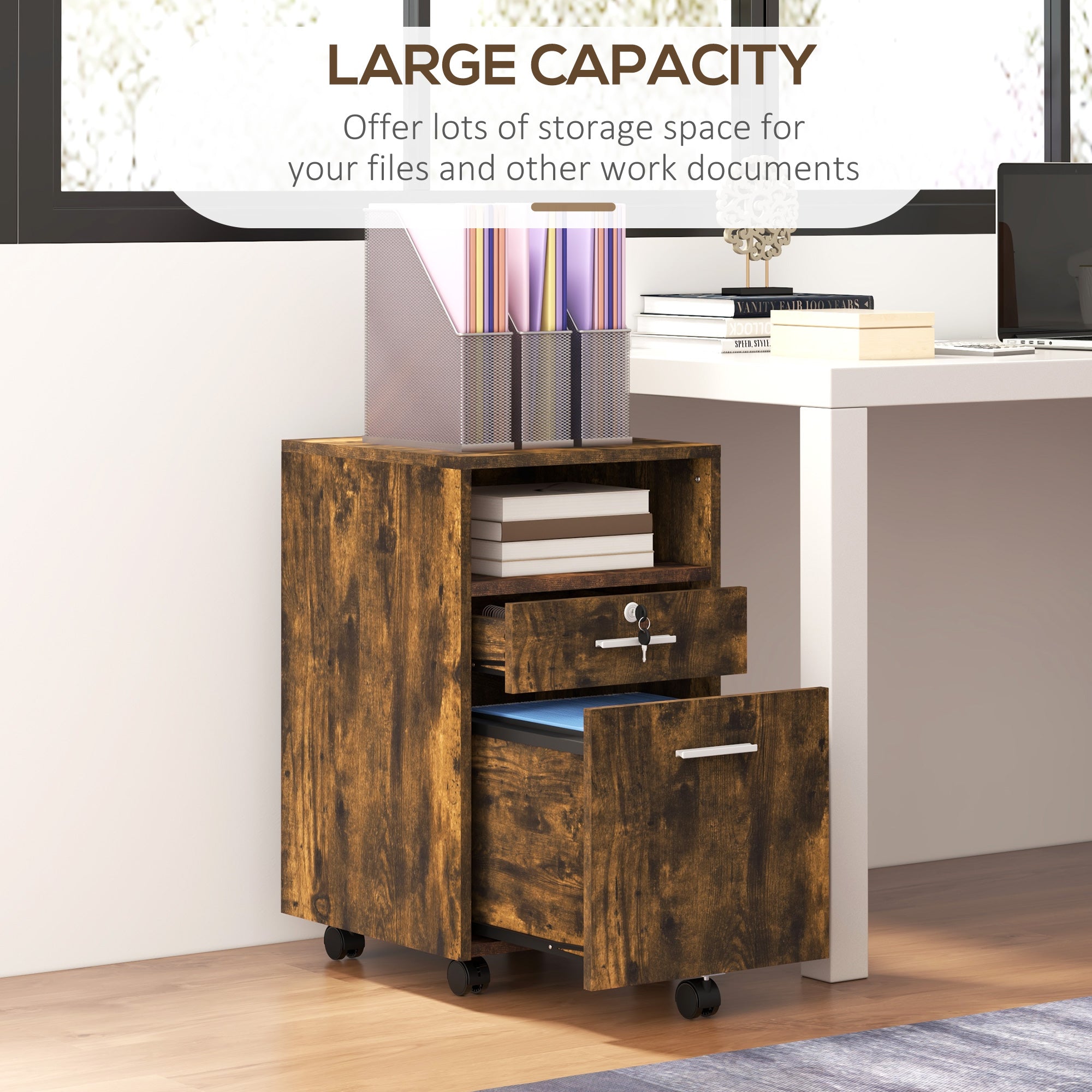 Vinsetto Mobile File Cabinet Lockable Storage Unit Cupboard for A4 Letter Home Filing Furniture for Office, Bedroom and Living Room, 39x40x65cm, Rustic Brown