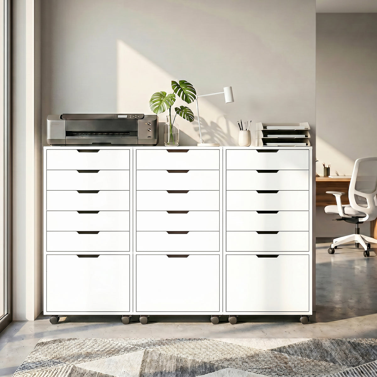 5 Drawer Vertical File Cabinet with Lockable Wheels, Filing Cabinet for Home Office, Printer Stand with Adjustable Hanging Bars For A4, Letter, legal File Folders, White
