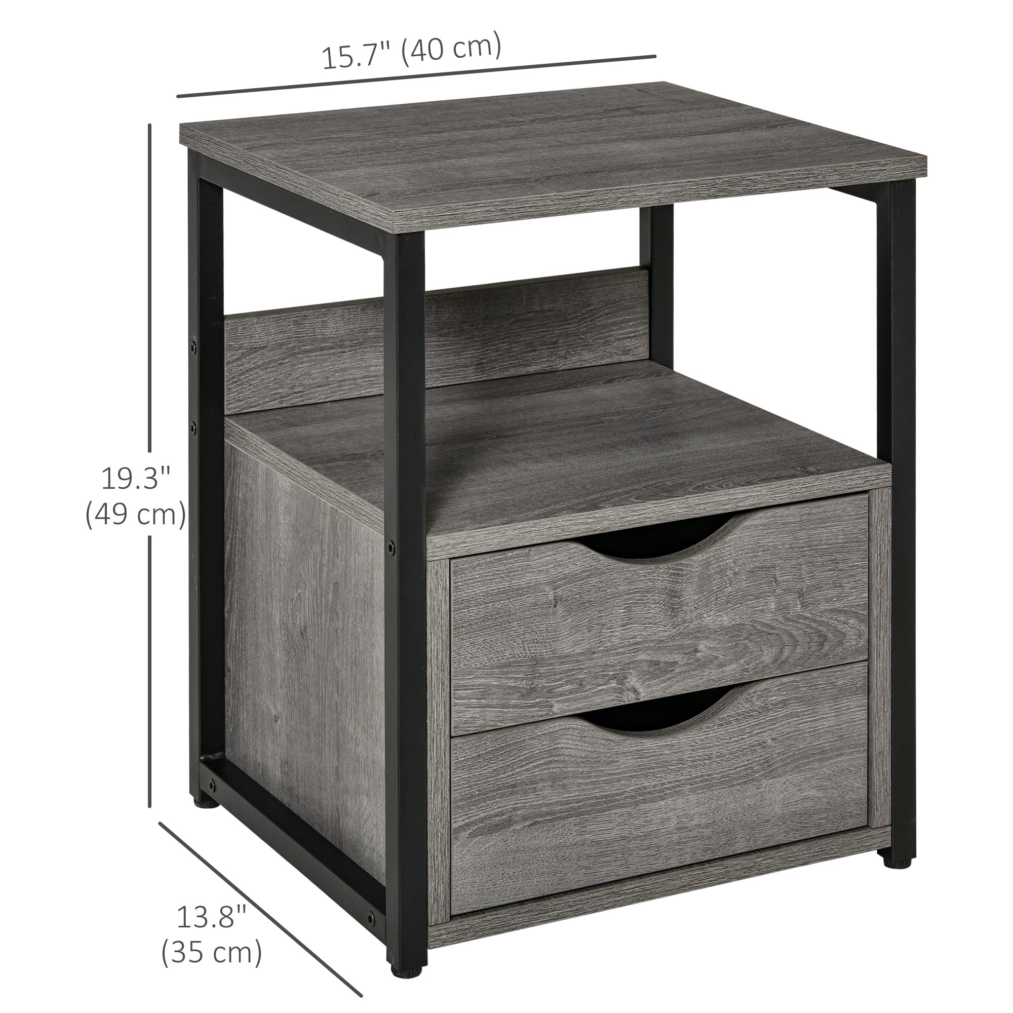 HOMCOM Nightstand with 2 Drawers, Industrial Side Table with Storage Shelf, Accent End Table for Bedroom, Grey