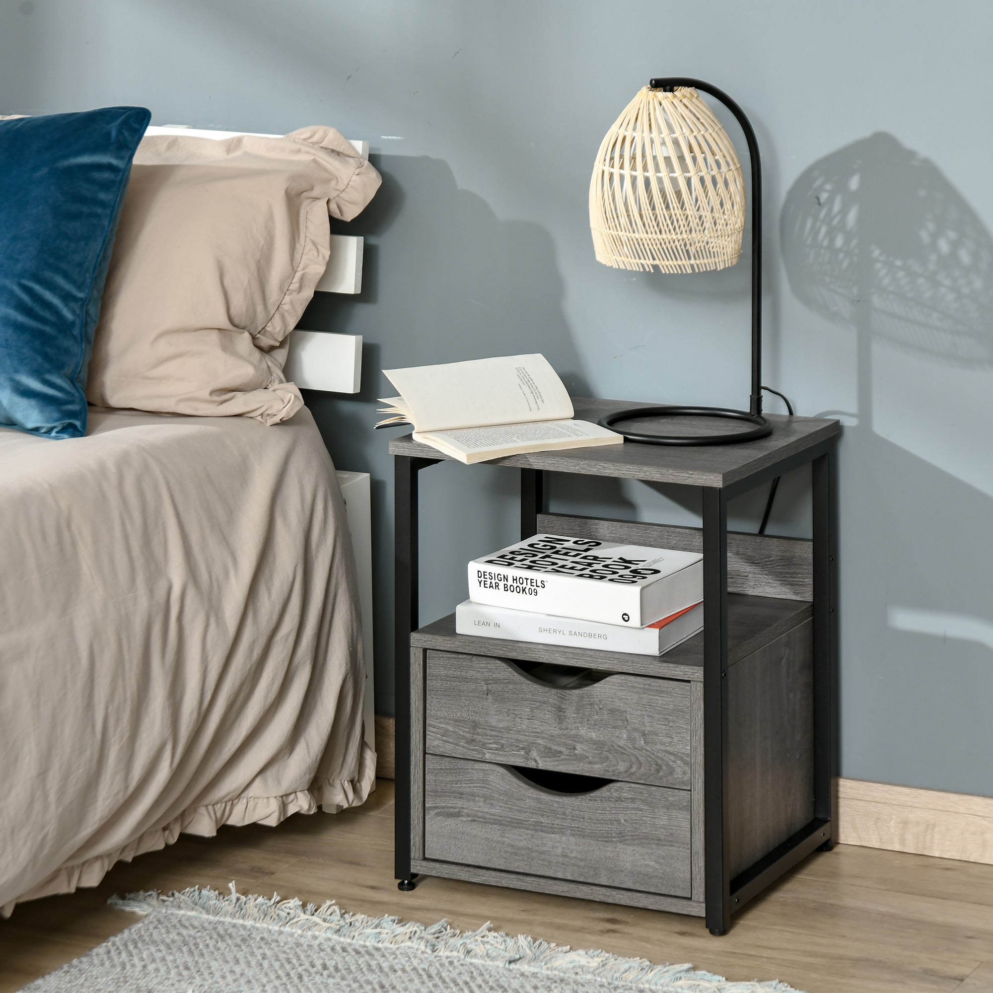 HOMCOM Industrial Side Table with Drawer, Sofa Table, Bedside Cabinet with Storage Shelf, Slim Nightstand for Living Room, Bedroom, Grey