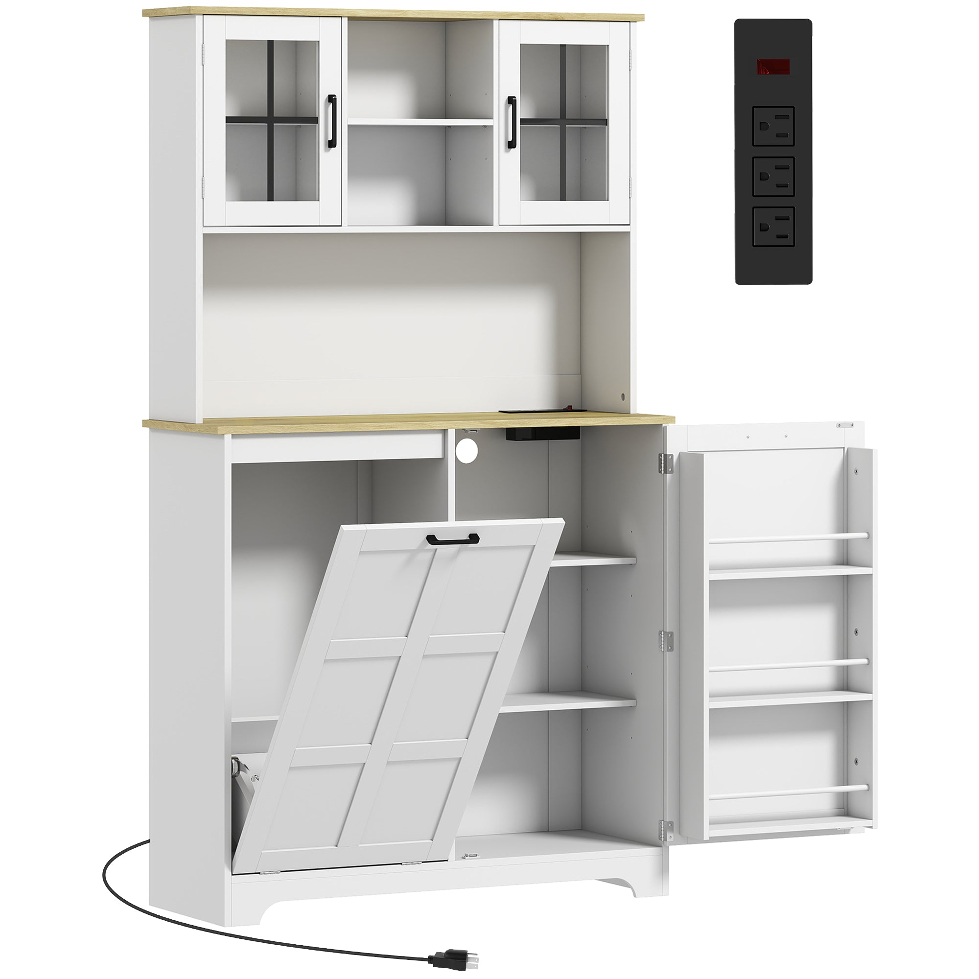 Kitchen Cupboard with Charging Station and 26.5 L Rubbish Bin Cabinet, 175cm Tall Kitchen Cabinet with 3 Door Shelves and 2 Acrylic Doors, Sideboard Storage Cabinet for Dining Room, White