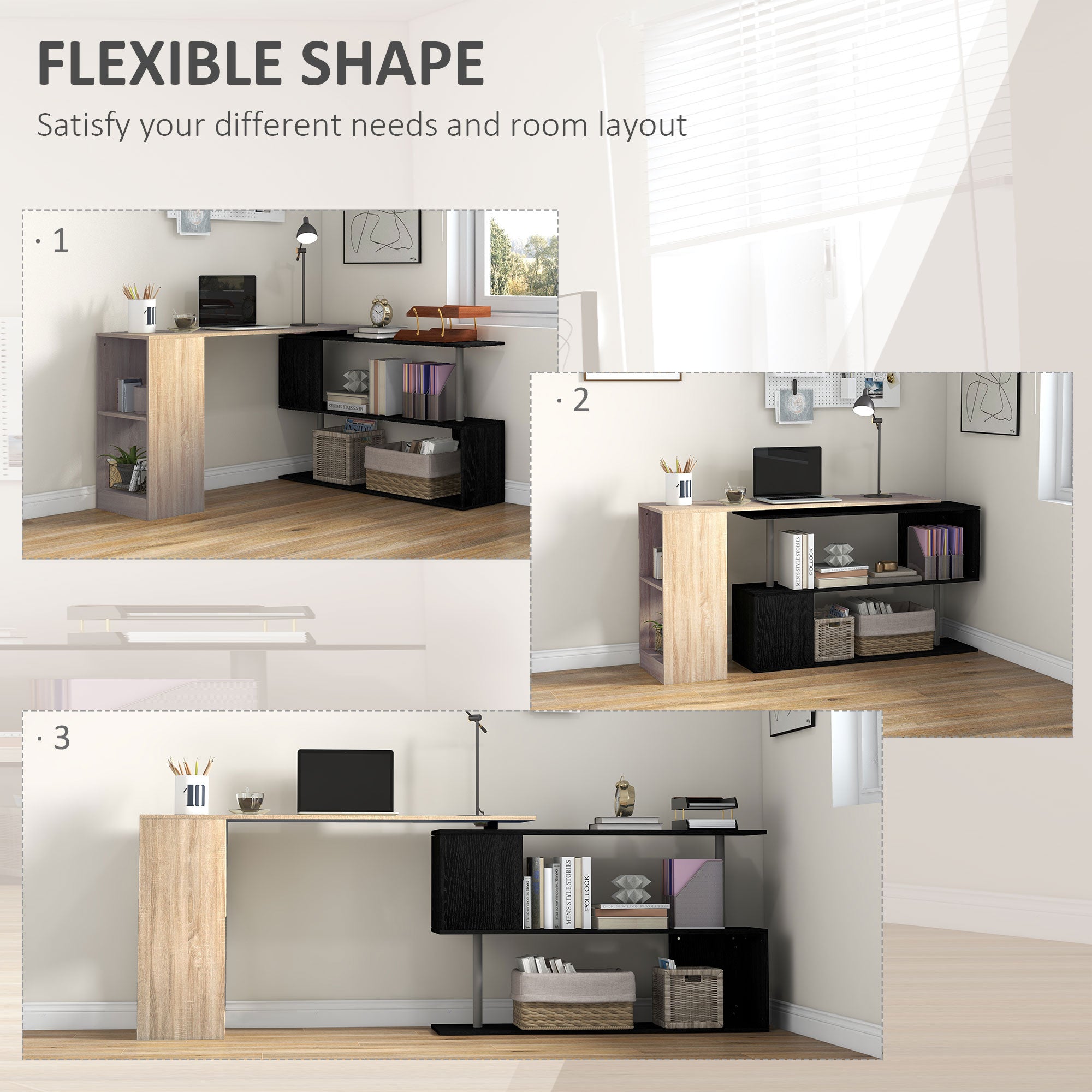 55" L-Shaped Desk, 360° Rotating Corner Computer Desk, Reversible Home Office Workstation with 3-Tier Storage Shelves, Bookshelf, Natural Wood