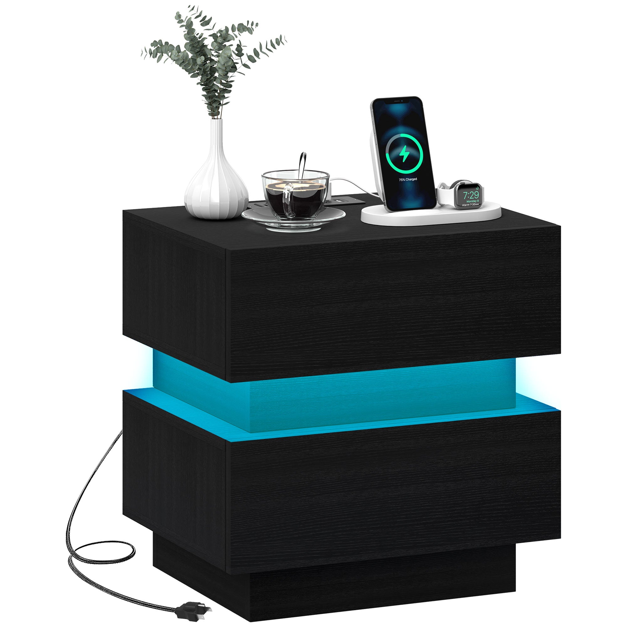 HOMCOM Nightstand with Charging Station and LED Light, Bedside Table with USB Ports and AC Outlets, Side Table with Storage and Remote for Bedroom, Black