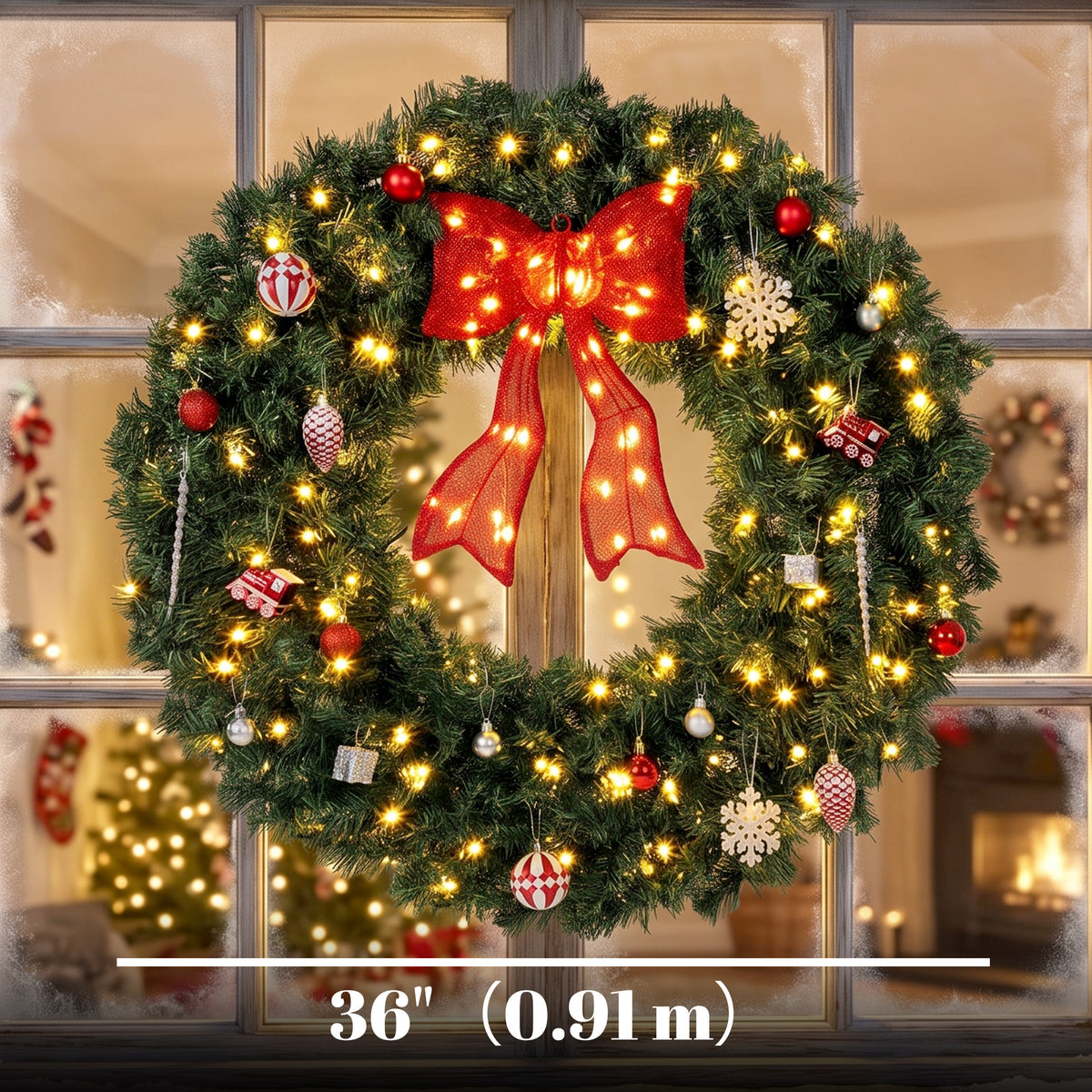 36 Inch Pre-Lit Christmas Wreath for Front Door with 130 LED Lights, Lighted Bow and 21 Ornament Set, Artificial Xmas Wreath for Covered Porch, Wall Decoration, Green