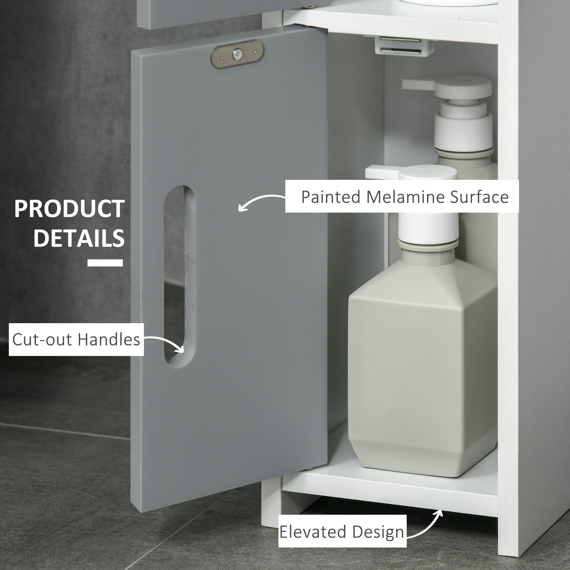 Narrow Bathroom Storage Cabinet, Freestanding Tall Bathroom Cabinet with Open Shelves and 3 Cupboards with Door for Bathroom, Grey and White