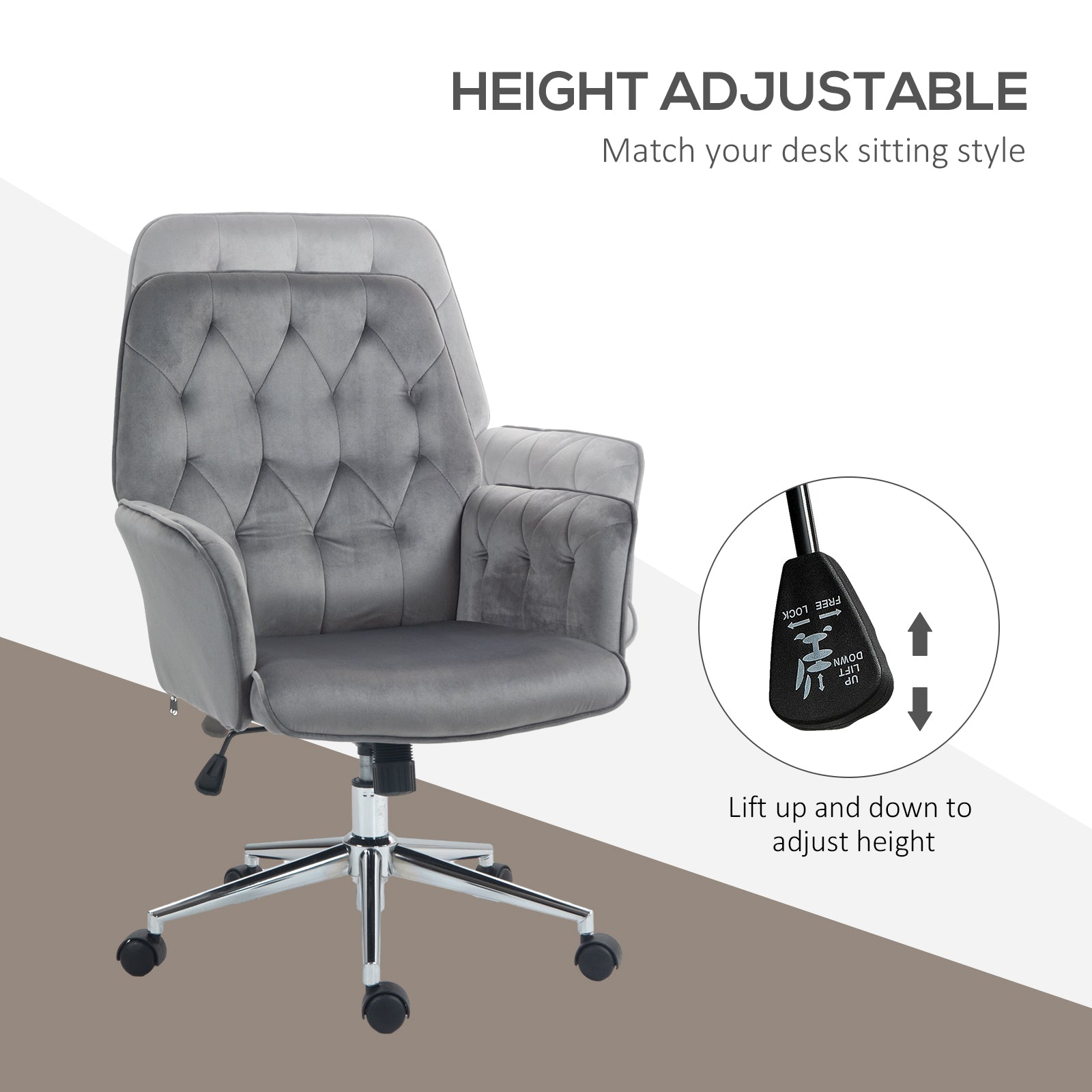 Vinsetto Office Desk Chair, Velvet-Feel Fabric Vanity Chair with Height Adjustable, Armrest, Swivel Chair for Home, Dark Grey