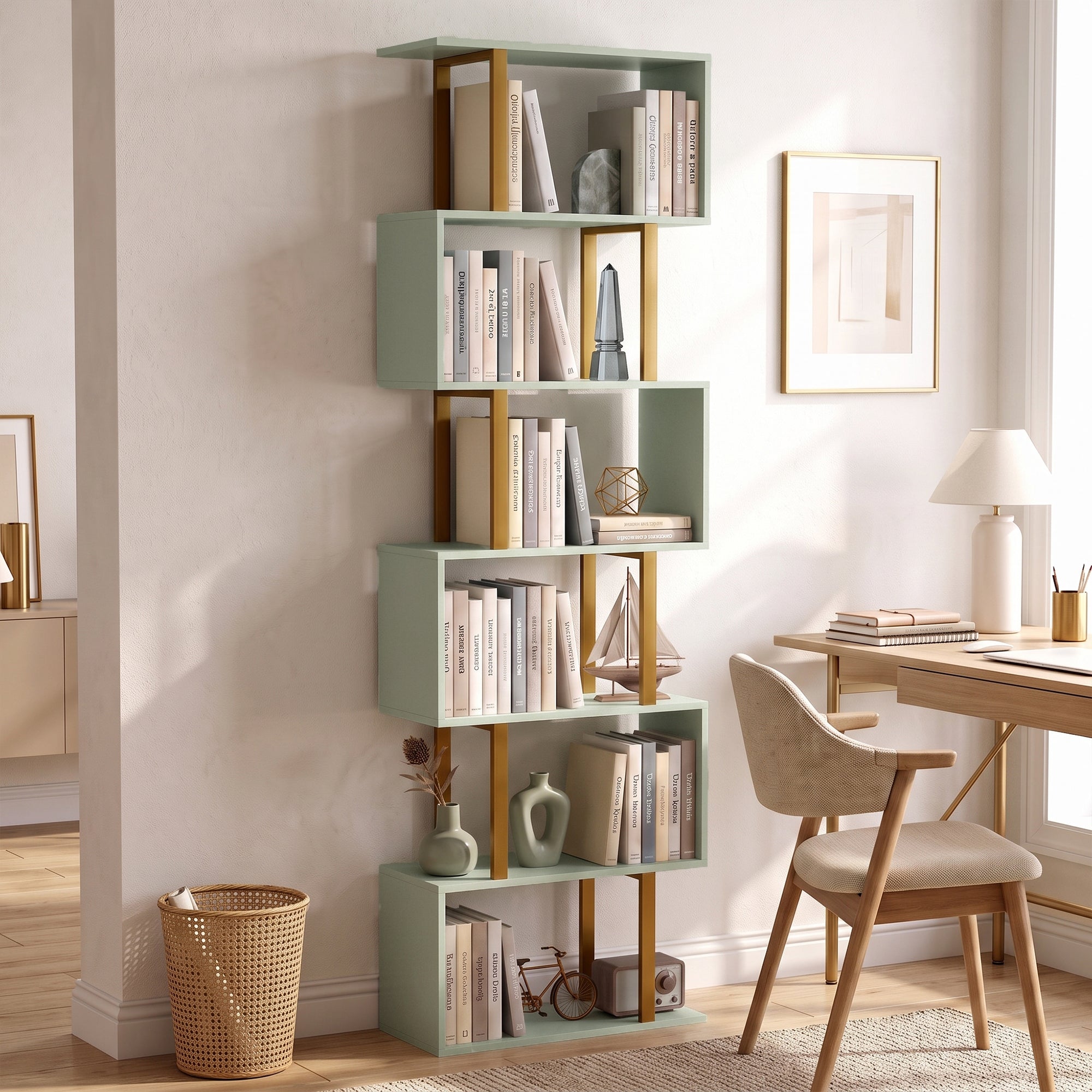 S-Shaped Bookshelf, 5-Tier Bookcase, Freestanding Storage Shelves with Anti-Tip Strap for Study, Living Room, Light Green