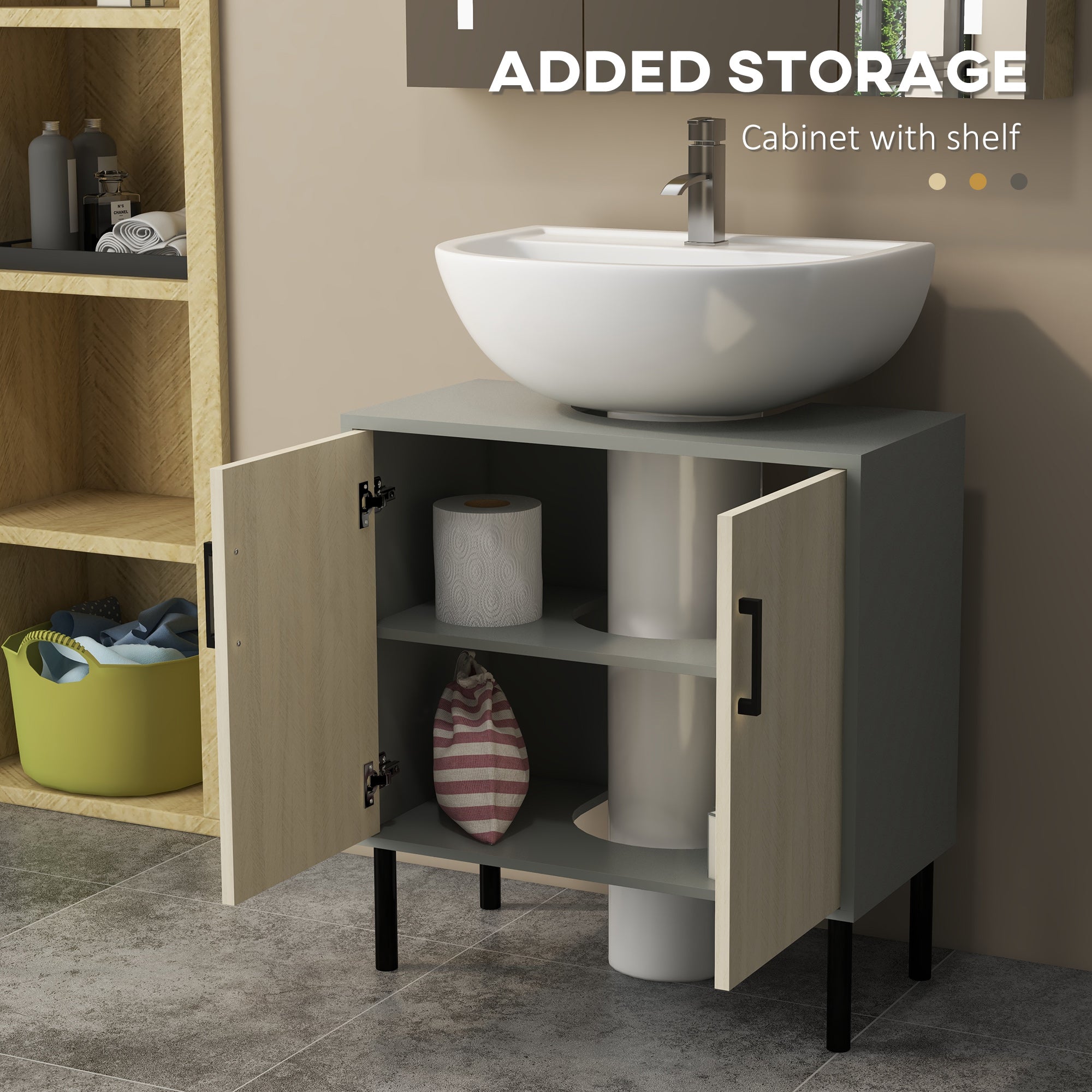 kleankin Under Sink Cabinet, Bathroom Sink Cabinet, Floor Basin Storage Cupboard with Double Doors and Shelf, 60 x 30 x 60 cm, Natural Tone