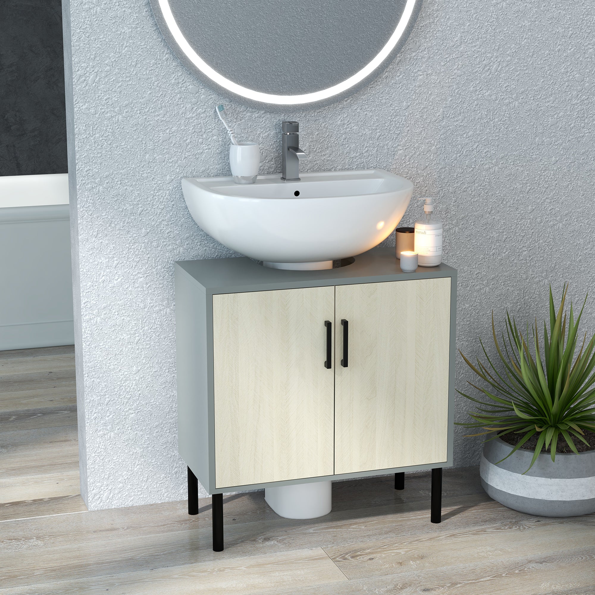 kleankin Under Sink Cabinet, Bathroom Sink Cabinet, Floor Basin Storage Cupboard with Double Doors and Shelf, 60 x 30 x 60 cm, Natural Tone