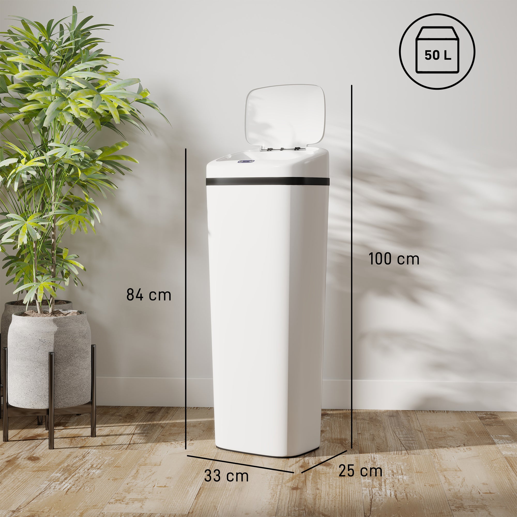 50L Sensor Bin, Stainless Steel Automatic Touchless Slim Kitchen Bin with Dual-Mode Opening, Fingerprint-Proof, Easy Clean, Battery Operated for Home Office, Bedroom, Bathroom, White