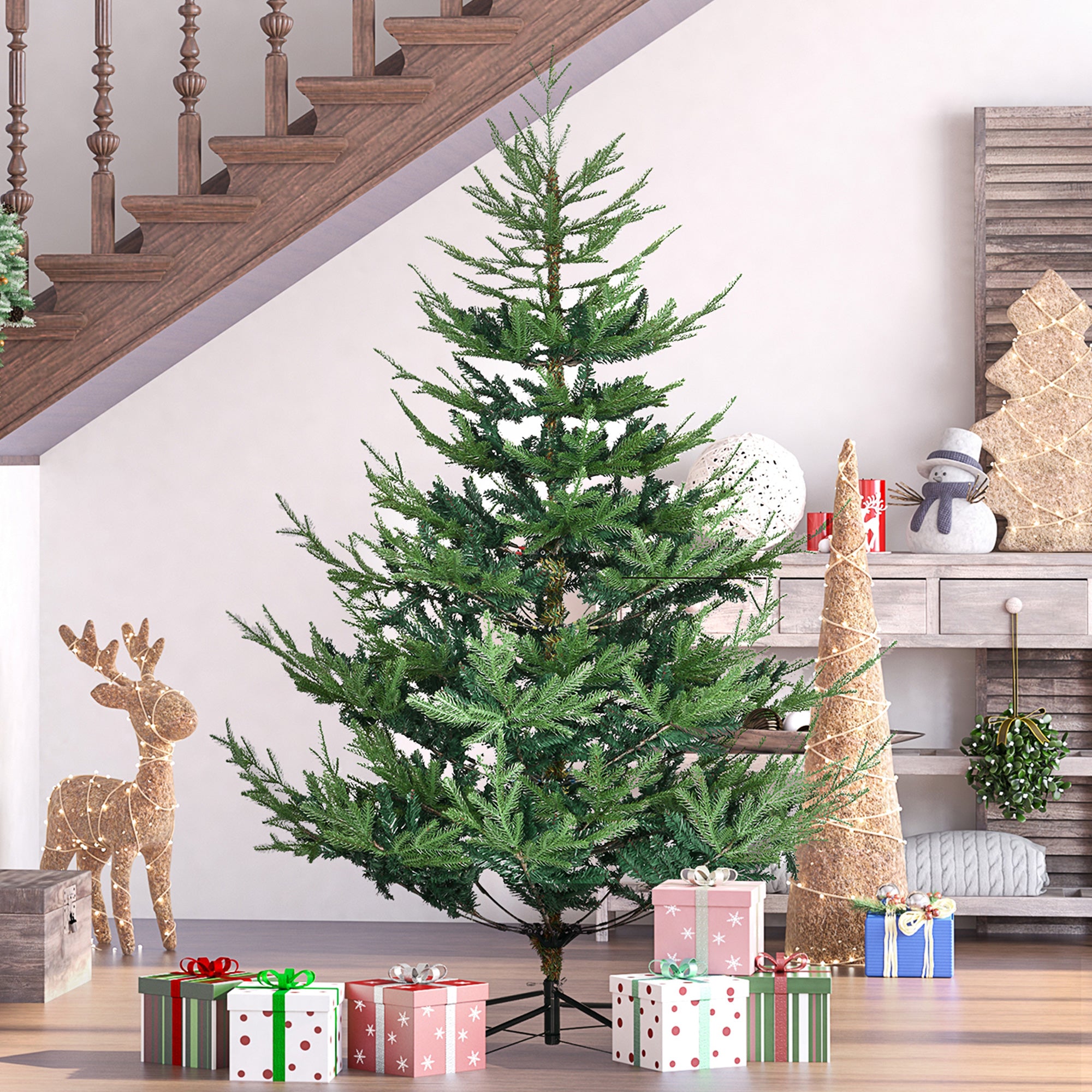 6ft Artificial Christmas Tree, Wide Pine Holidy Decor, Hinged Xmas Tree with 795 Tips, Metal Base, Green