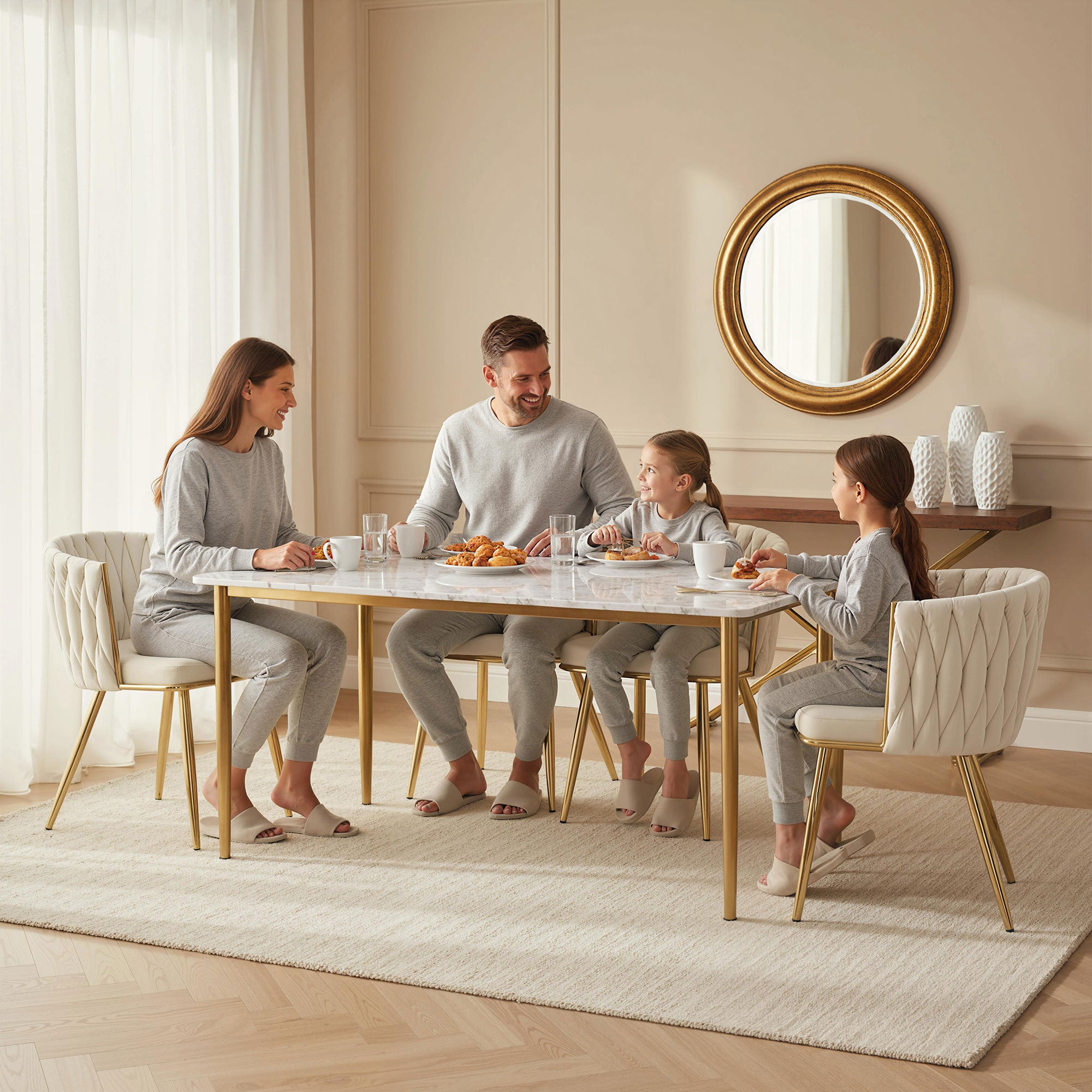 Modern Dining Chairs Set of 2, Velvet-Feel Upholstered Kitchen Chairs with Woven Backrest and Armrests, Metal Legs and Padded Seat for Dining Room, Living Room, Cream White