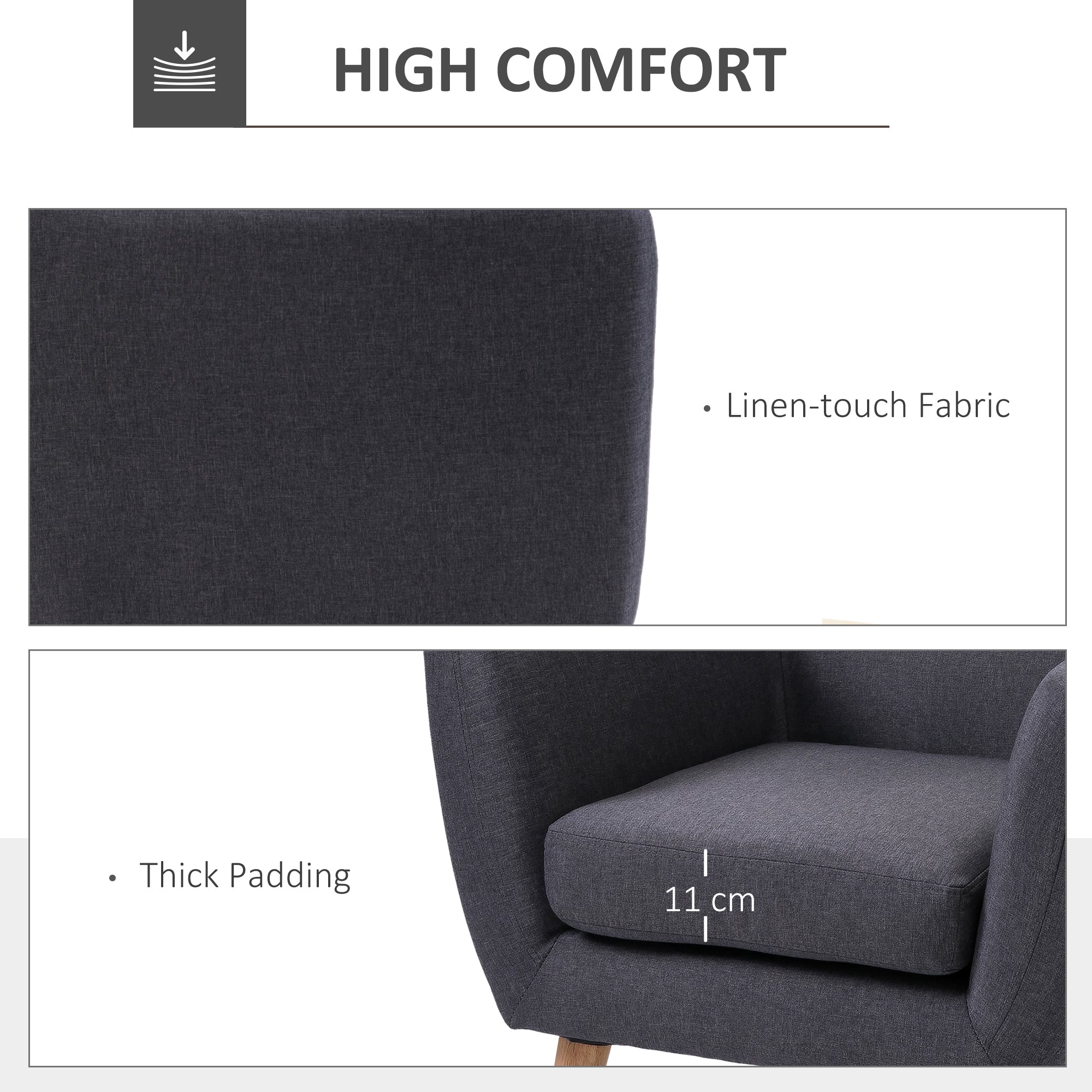 HOMCOM Mid-Century Modern Accent Chair, Linen Upholstery Armchair, Tufted Club Chair with Wood Frame and Thick Padding, Dark Grey