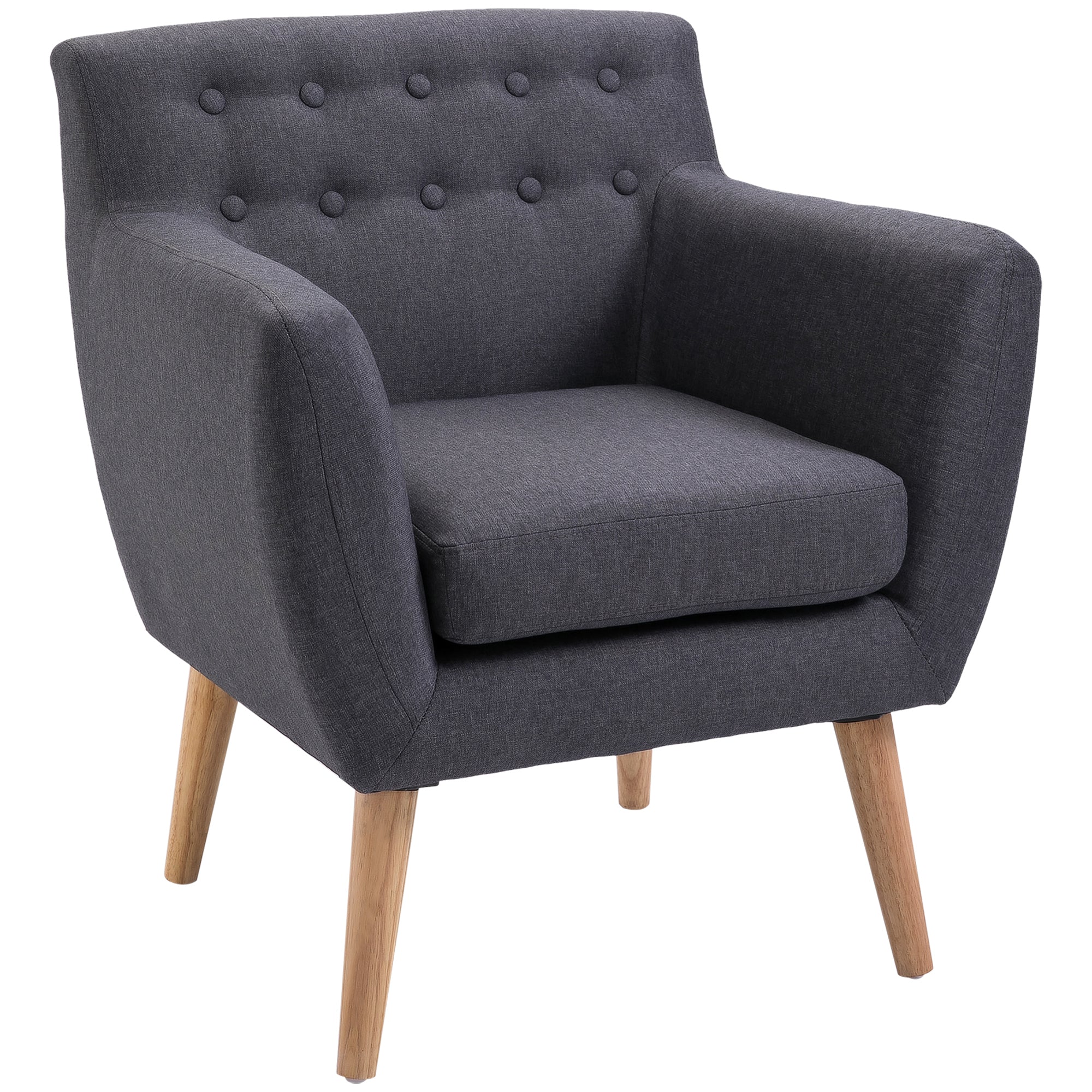HOMCOM Mid-Century Modern Accent Chair, Linen Upholstery Armchair, Tufted Club Chair with Wood Frame and Thick Padding, Dark Grey