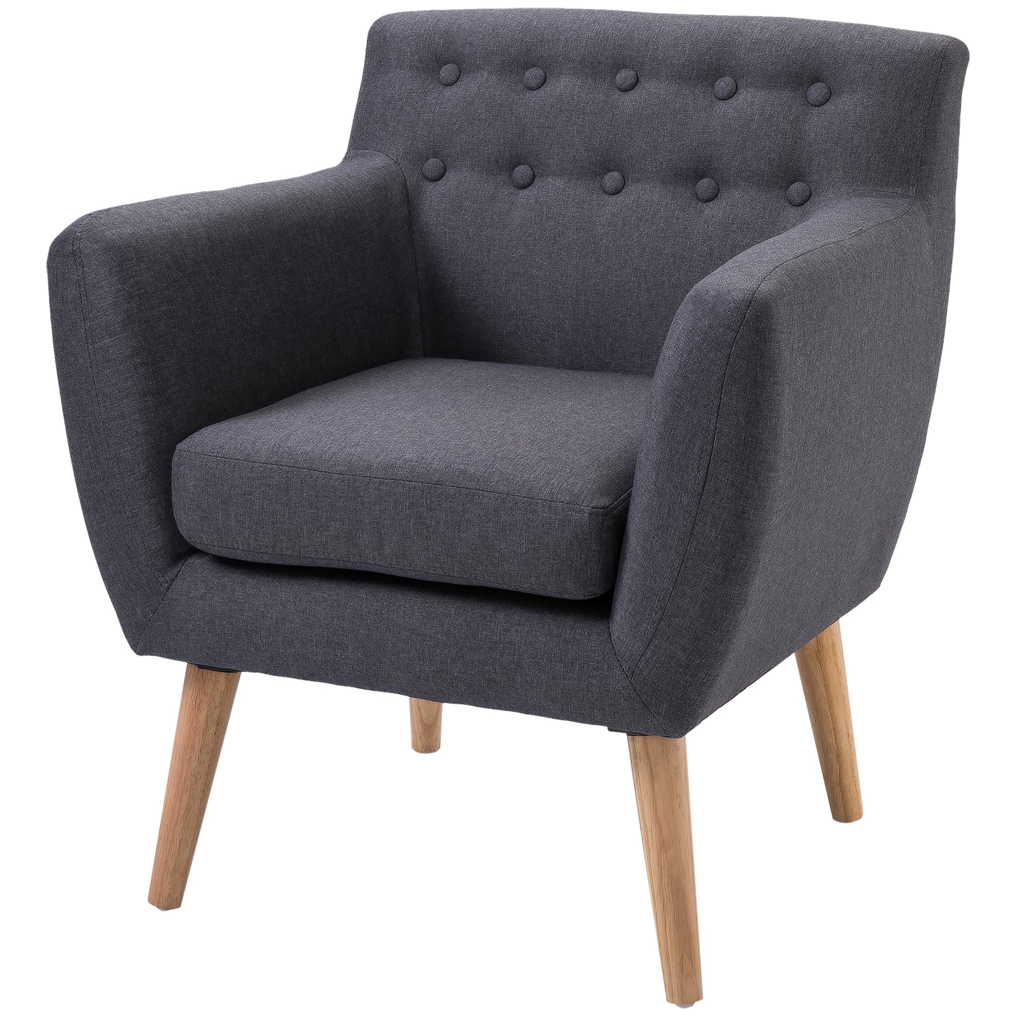 HOMCOM Mid-Century Modern Accent Chair, Linen Upholstery Armchair, Tufted Club Chair with Wood Frame and Thick Padding, Dark Grey