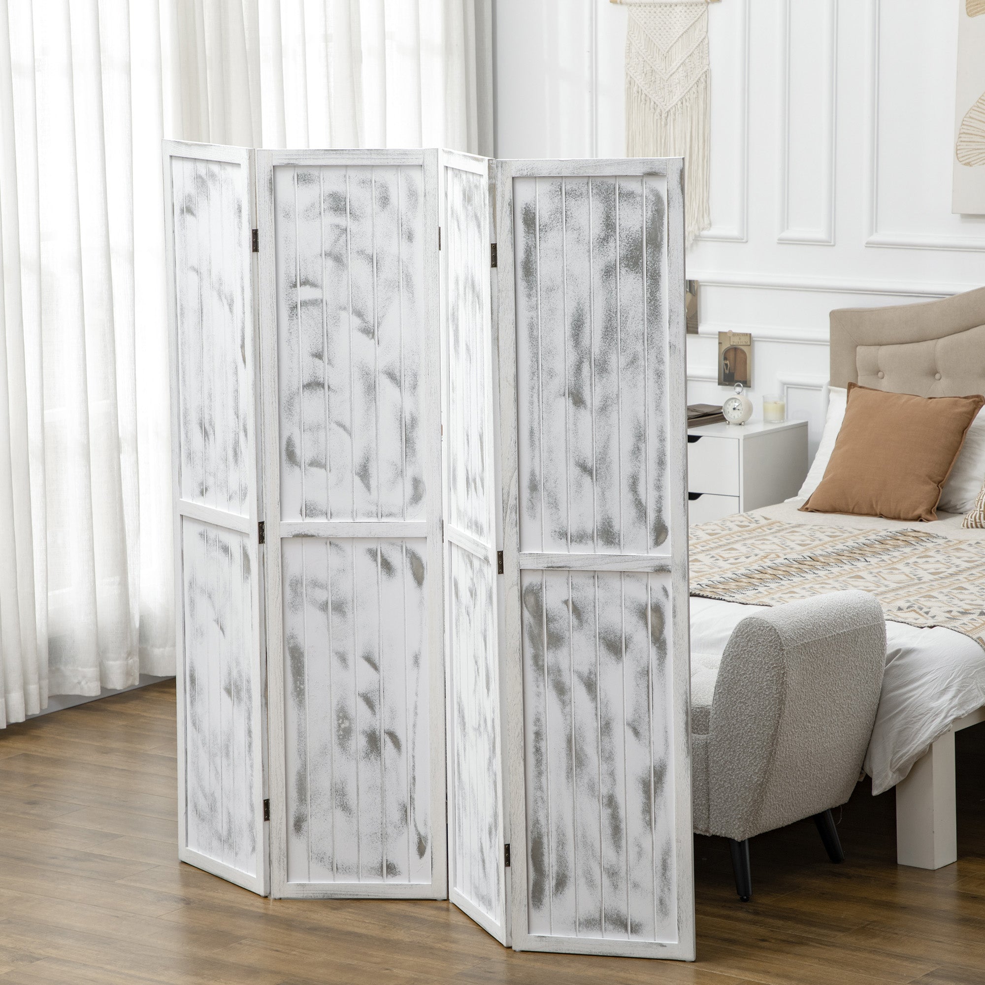 HOMCOM 5.6 Ft. Tall 4-Panel Room Divider, Rustic White Panel Freestanding Folding Privacy Screen Panels, Partition Wall Divider for Indoor Bedroom Office