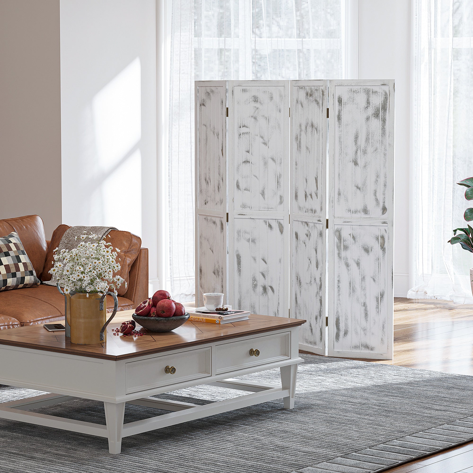 5.5' Foldable Room Divider Screen for Indoor Bedroom Office Rustic White
