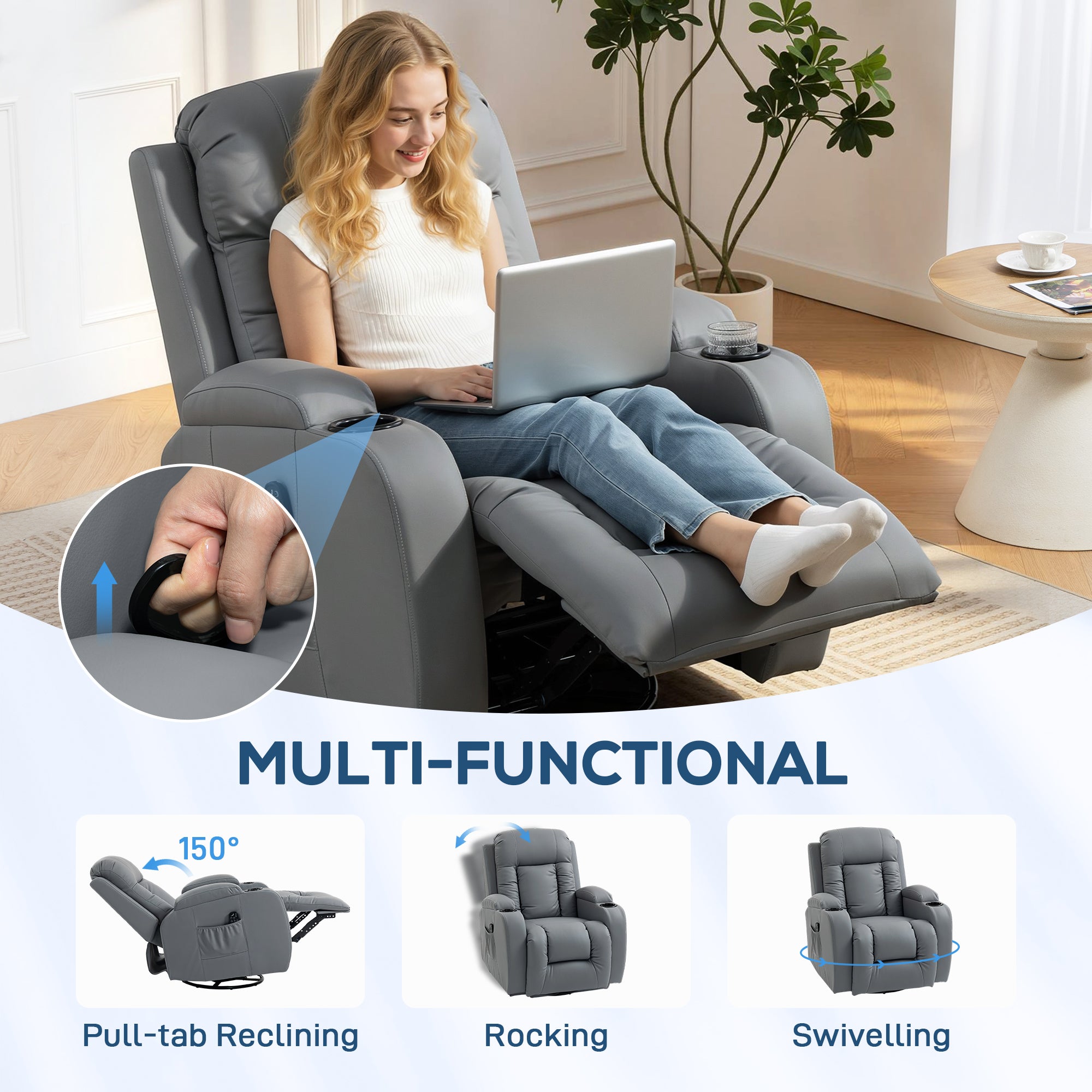 Recliner Armchair with Massage & Heat, PU Leather Recliner Chair with Extended Footrest, Cup Holders and Side Pockets, Swivel Rocking Manual Reclining Chair for Living Room, Grey