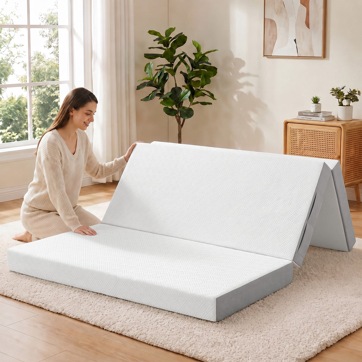 Foldable Mattress Queen Size, 6 Inch Tri Fold Memory Foam Mattress with Washable Cover & Non-Slip Bottom, Portable Floor Bed for RV, Guest, Travel, Camping, 60" x 80" x6"
