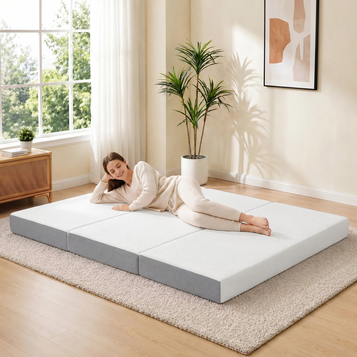 Foldable Mattress Queen Size, 6 Inch Tri Fold Memory Foam Mattress with Washable Cover & Non-Slip Bottom, Portable Floor Bed for RV, Guest, Travel, Camping, 60" x 80" x6"