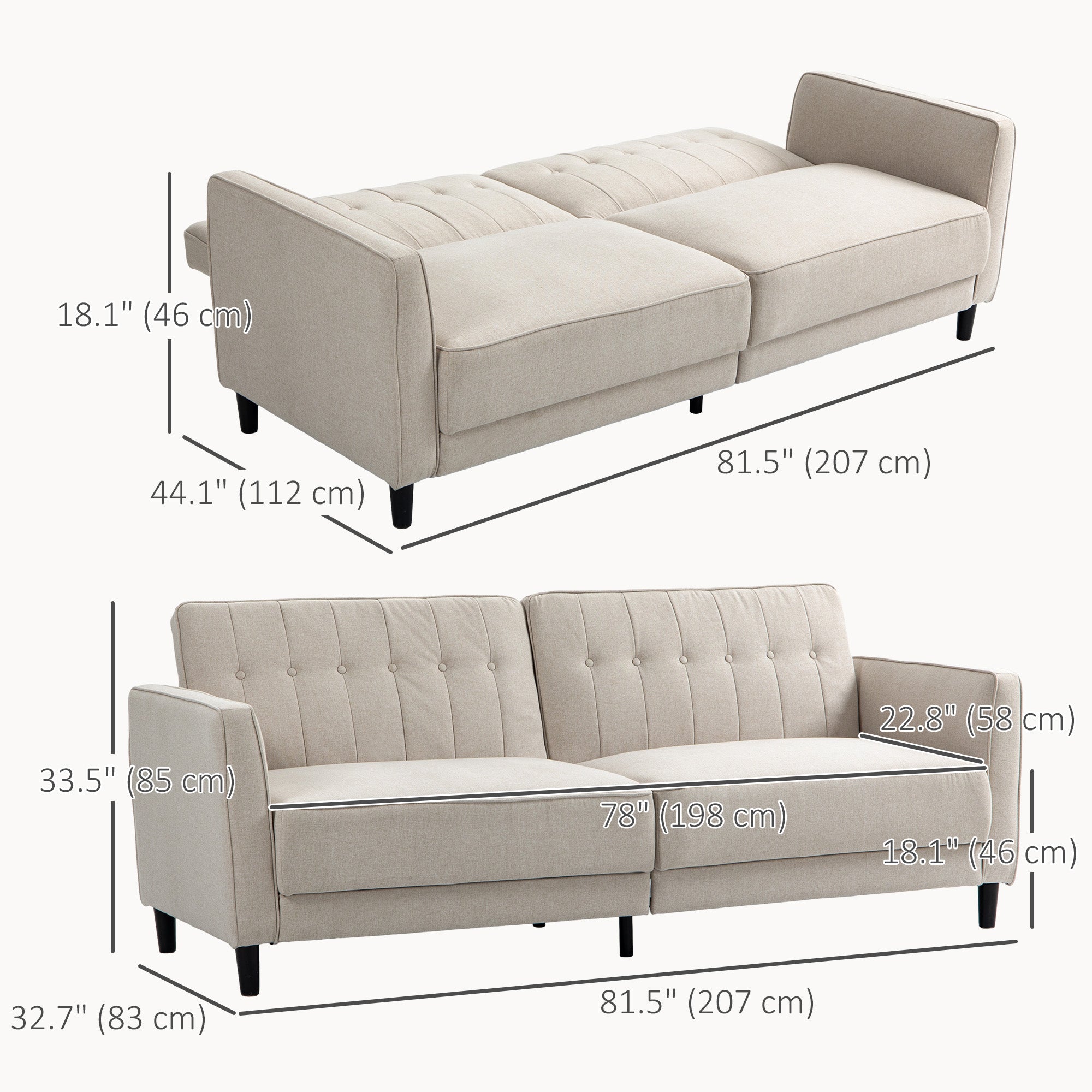 HOMCOM Convertible Sofa Bed with Adjustable Back, Button Tufted Sofa Bed Couch for Living Room, Guest Room, Apartment, Beige