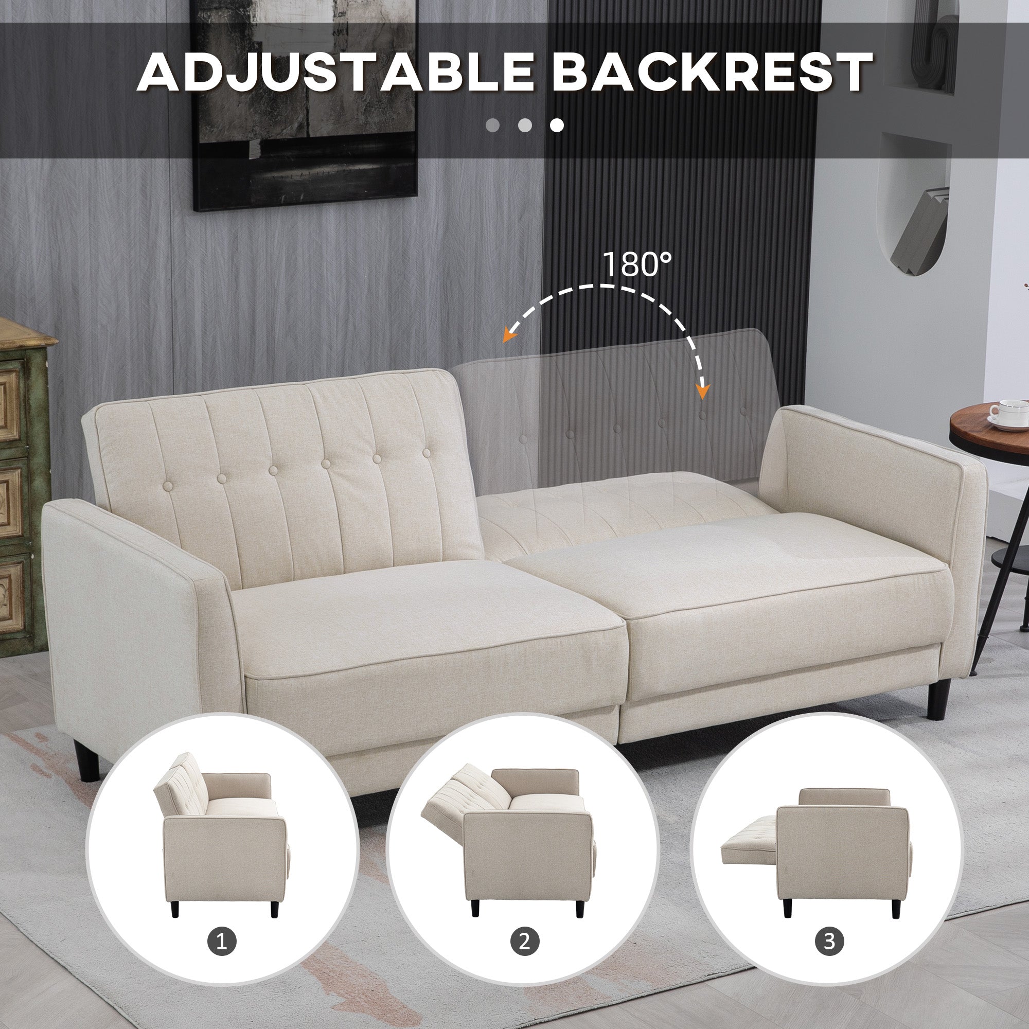 HOMCOM Convertible Sofa Bed with Adjustable Back, Button Tufted Sofa Bed Couch for Living Room, Guest Room, Apartment, Beige