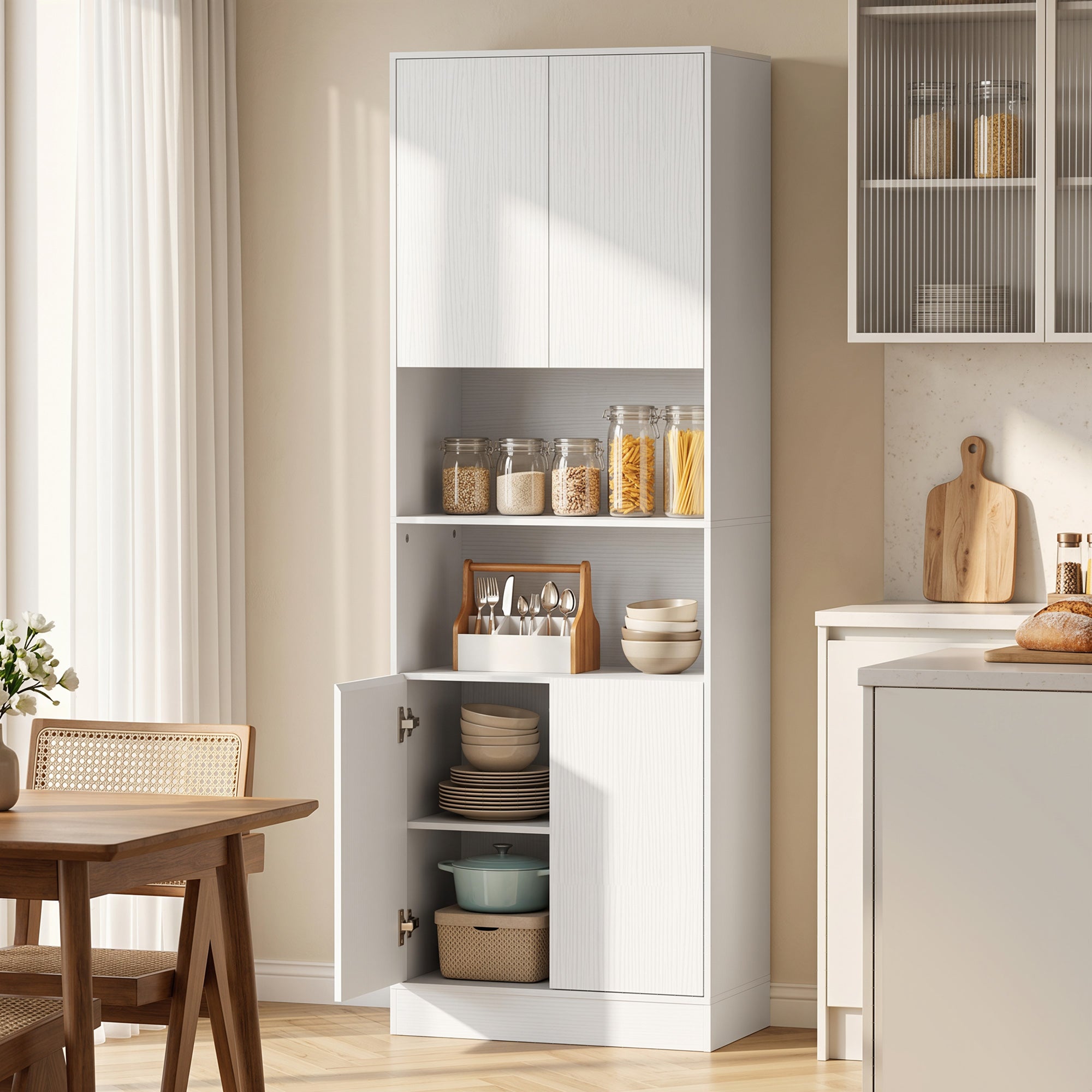 170 cm Tall Kitchen Cupboard, Pantry Storage Cabinet with Soft-Close Hinges, Freestanding Kitchen Cabinet with 2 Cupboards, 2 Open Shelves and Adjustable Shelves, White Wood Effect