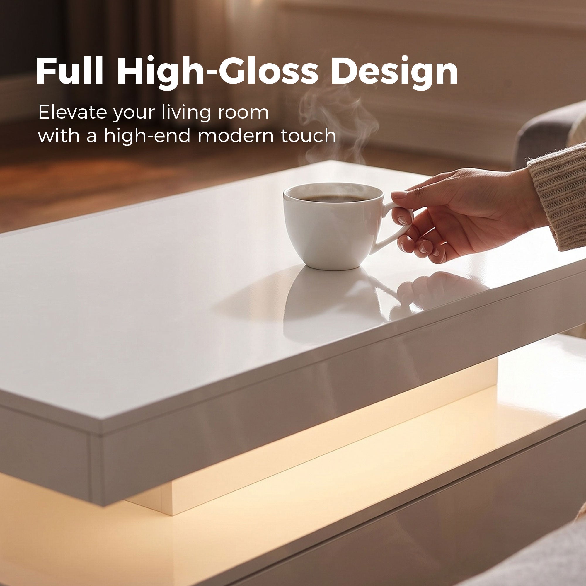 LED Coffee Table with Storage, 2-Tier Modern Rectangular Center Table with 2 Drawers and Open Compartment for Living Room, High Gloss White