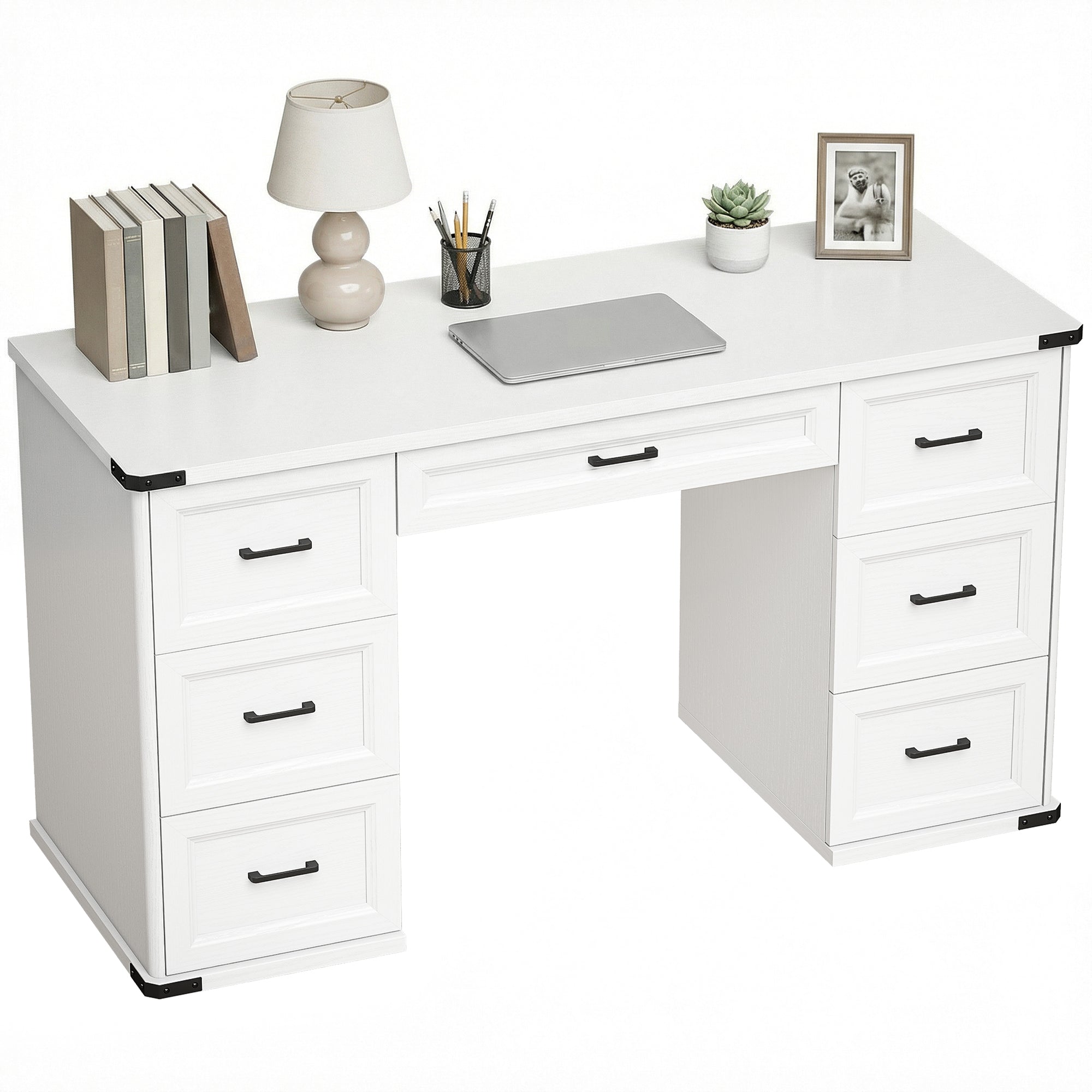55" Farmhouse Executive Desk, Computer Desk with Drawers, Study Table for Home Office, Bedroom, White Wood Grain
