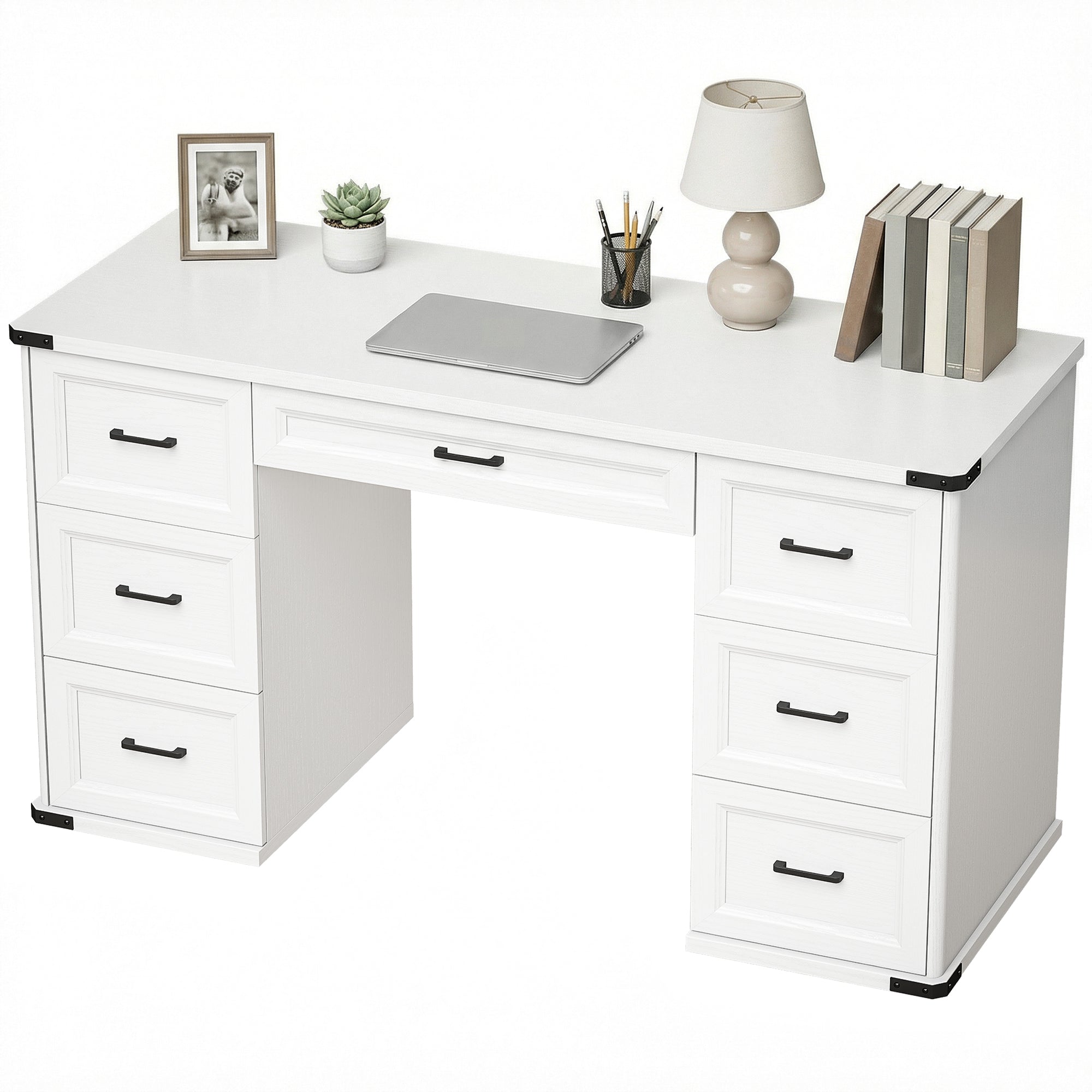 55" Farmhouse Executive Desk, Computer Desk with Drawers, Study Table for Home Office, Bedroom, White Wood Grain