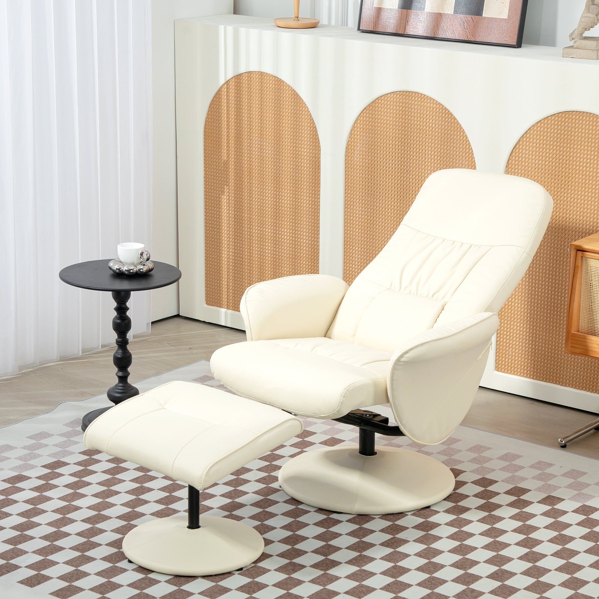 HOMCOM Swivel Recliner Chair with Footstool, PU Leather Armchair and Ottoman with High Back and Round Base for Living Room, Cream White