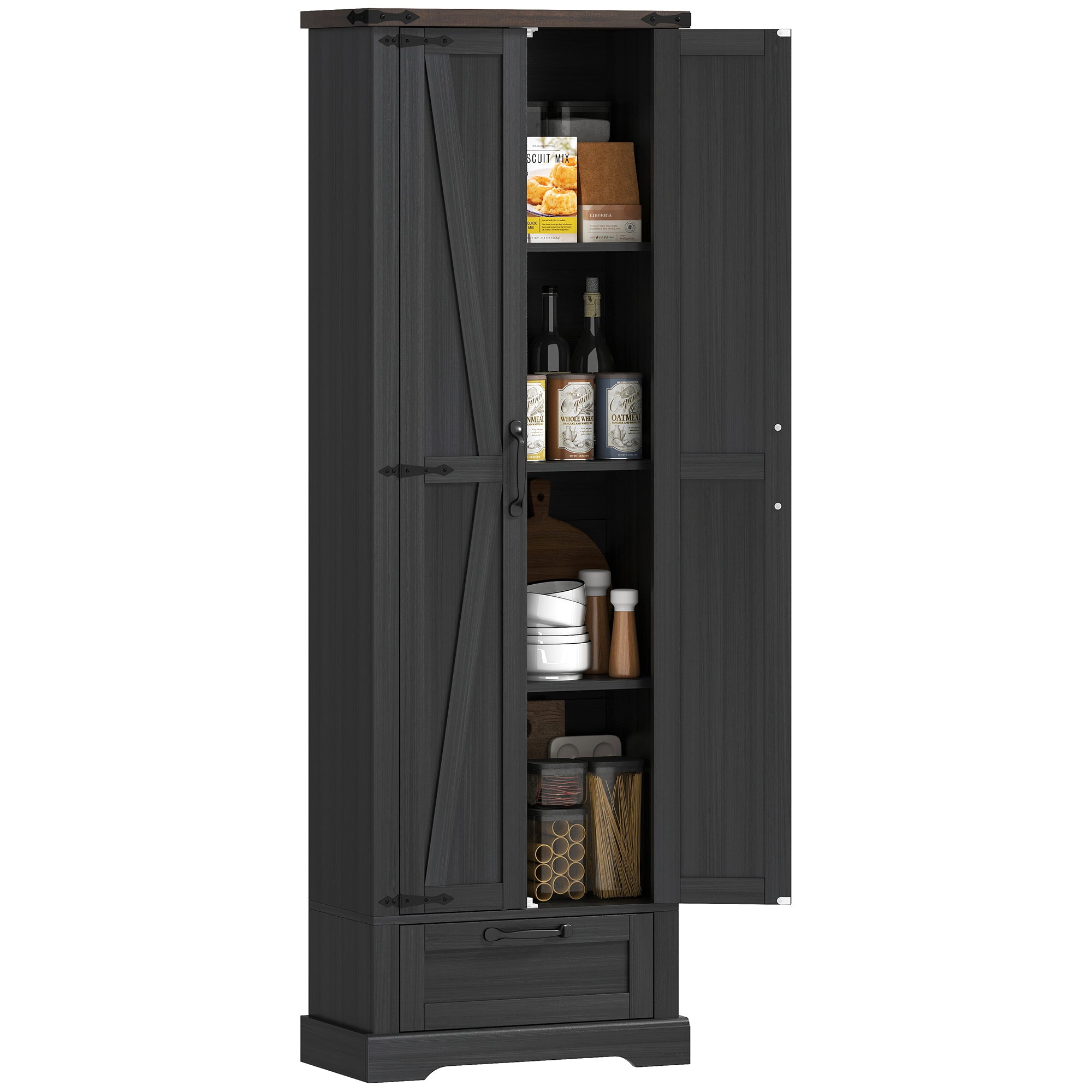 71" Tall Kitchen Pantry, Farmhouse Storage Cabinet with Barn Doors, Drawer and Adjustable Shelves, Freestanding Food Pantry Cabinet for Kitchen, Dining Room, Black
