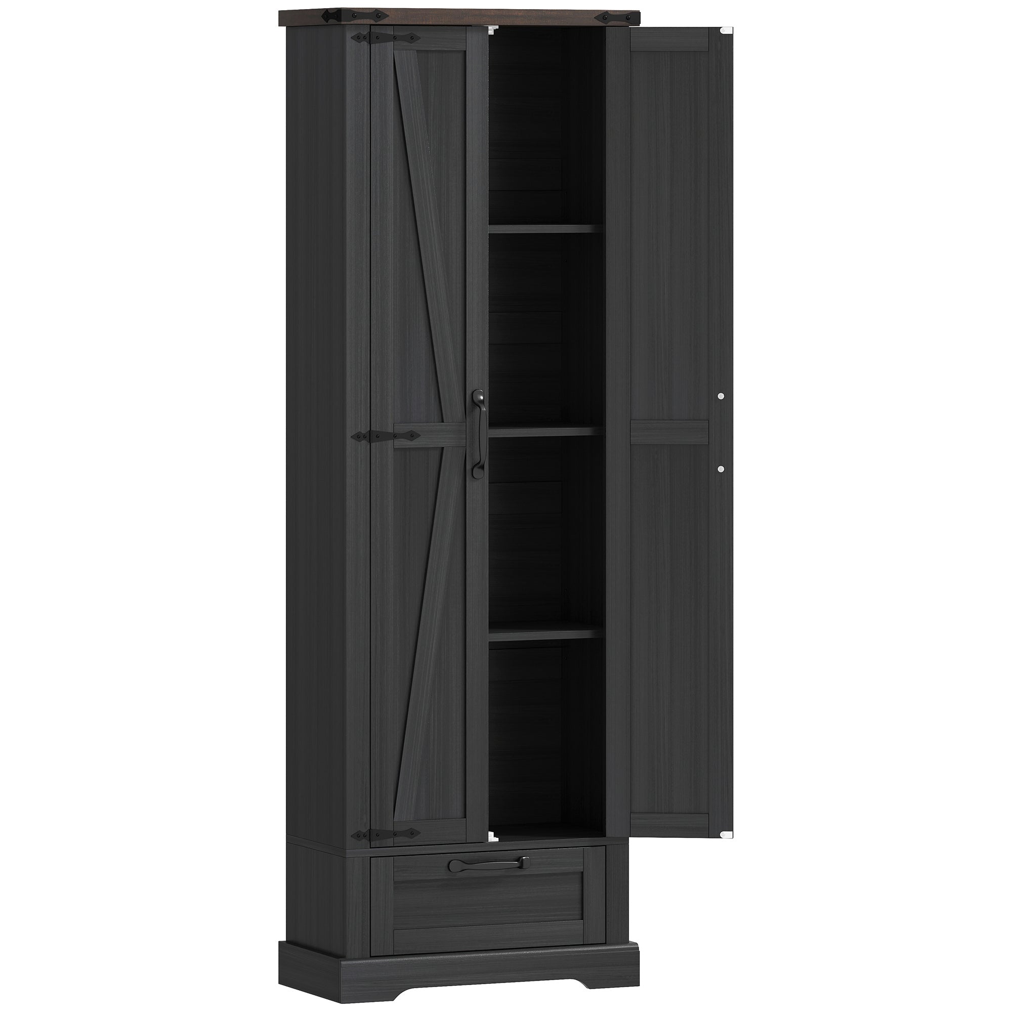 71" Tall Kitchen Pantry, Farmhouse Storage Cabinet with Barn Doors, Drawer and Adjustable Shelves, Freestanding Food Pantry Cabinet for Kitchen, Dining Room, Black