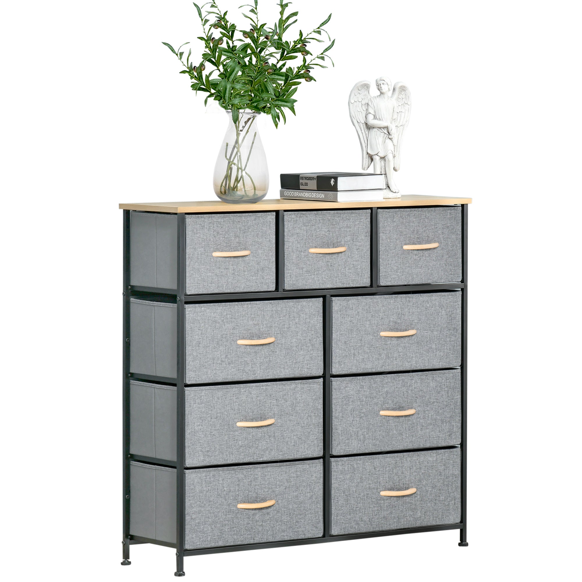 9 Drawers Storage Chest Dresser Organizer Unit w/ Steel Frame, Wood Top, Easy Pull Fabric Bins, for Hallway, Closet, Entryway, Oak & Grey