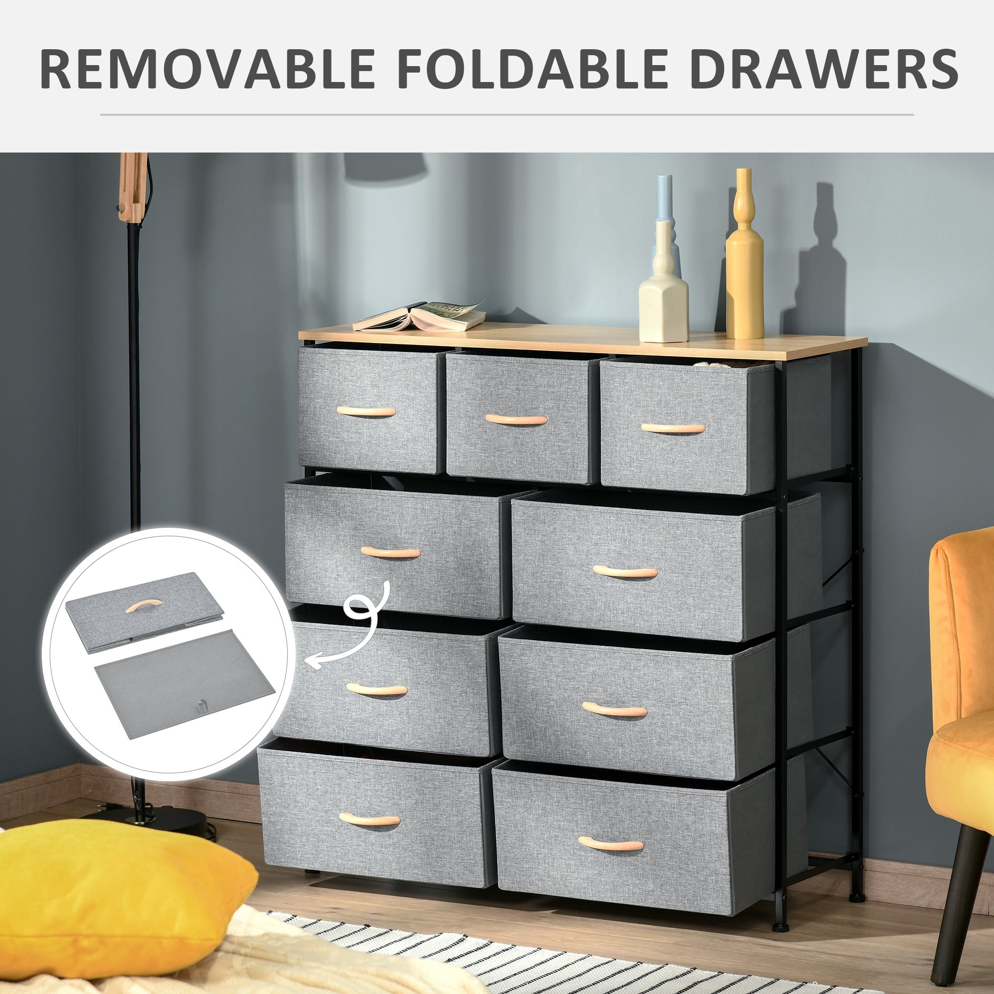 9 Drawers Storage Chest Dresser Organizer Unit w/ Steel Frame, Wood Top, Easy Pull Fabric Bins, for Hallway, Closet, Entryway, Oak & Grey