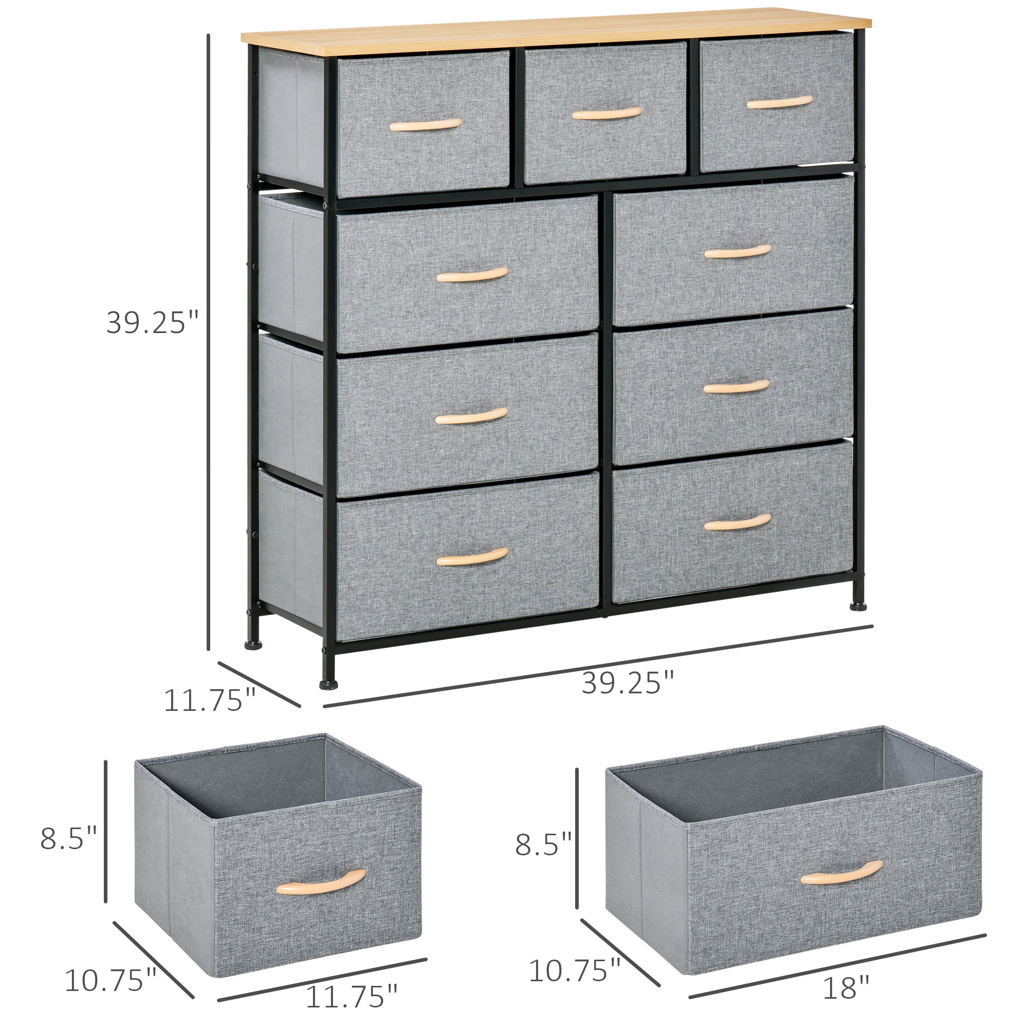 9 Drawers Storage Chest Dresser Organizer Unit w/ Steel Frame, Wood Top, Easy Pull Fabric Bins, for Hallway, Closet, Entryway, Oak & Grey