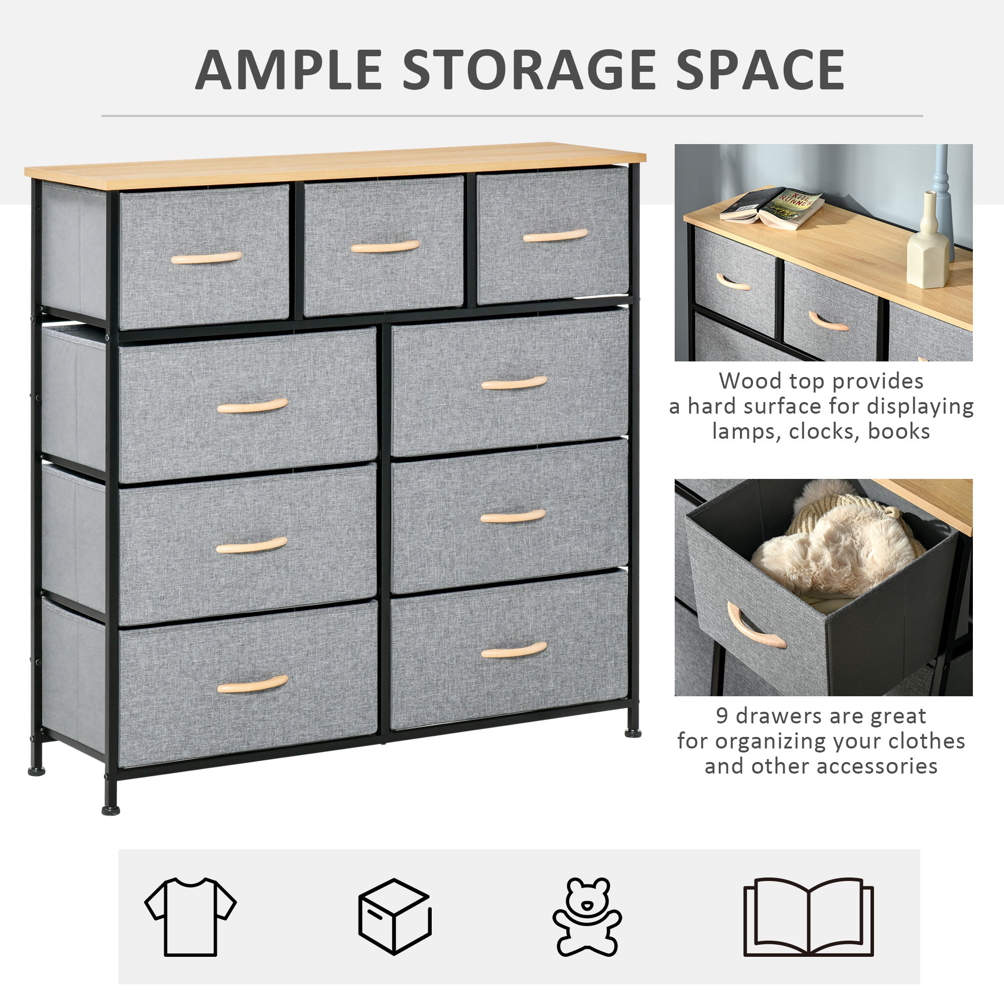 9 Drawers Storage Chest Dresser Organizer Unit w/ Steel Frame, Wood Top, Easy Pull Fabric Bins, for Hallway, Closet, Entryway, Oak & Grey