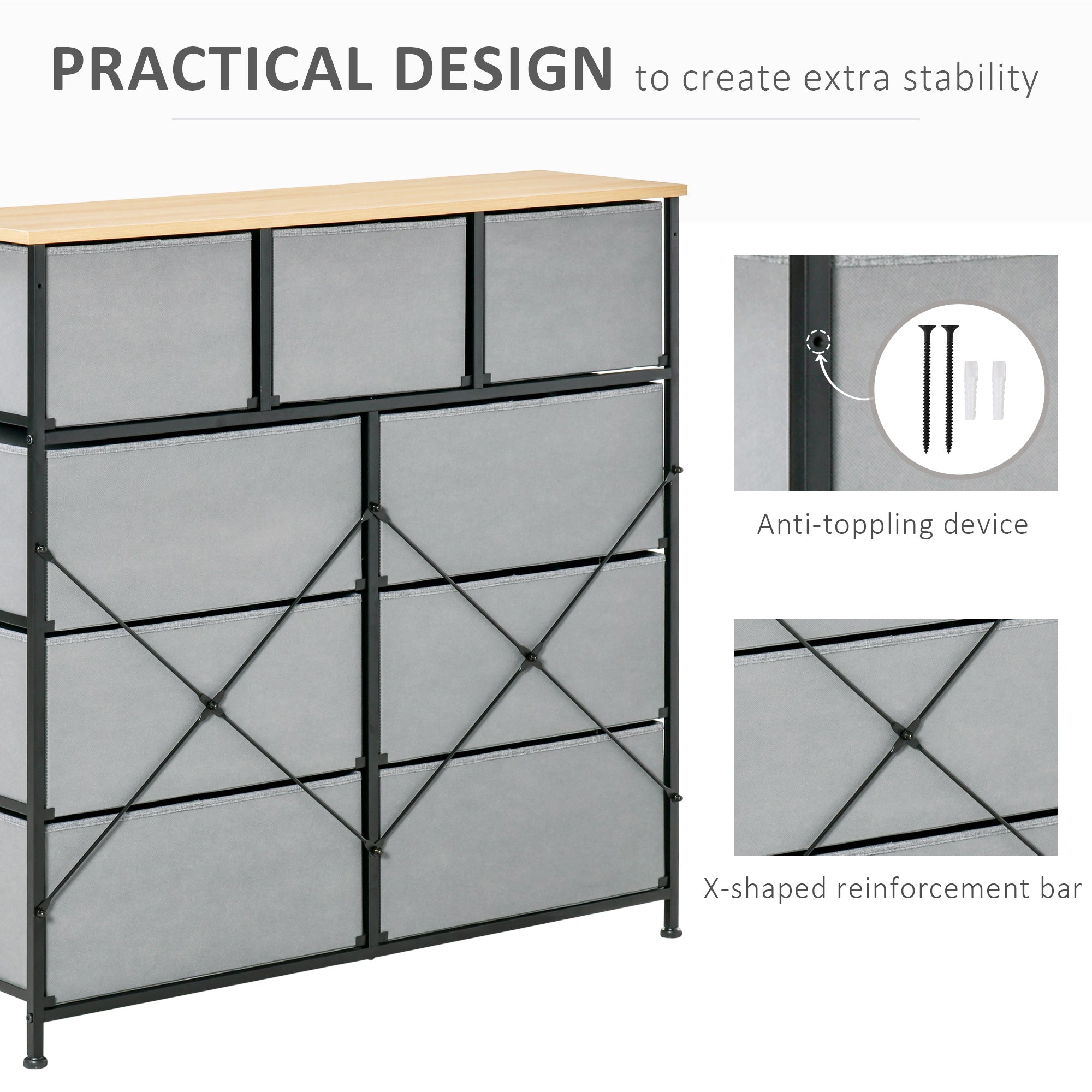 9 Drawers Storage Chest Dresser Organizer Unit w/ Steel Frame, Wood Top, Easy Pull Fabric Bins, for Hallway, Closet, Entryway, Oak & Grey