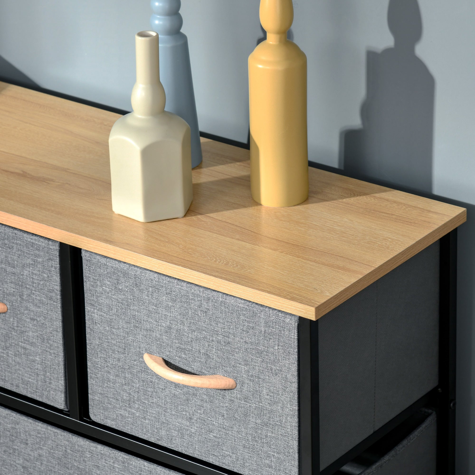 9 Drawers Storage Chest Dresser Organizer Unit w/ Steel Frame, Wood Top, Easy Pull Fabric Bins, for Hallway, Closet, Entryway, Oak & Grey