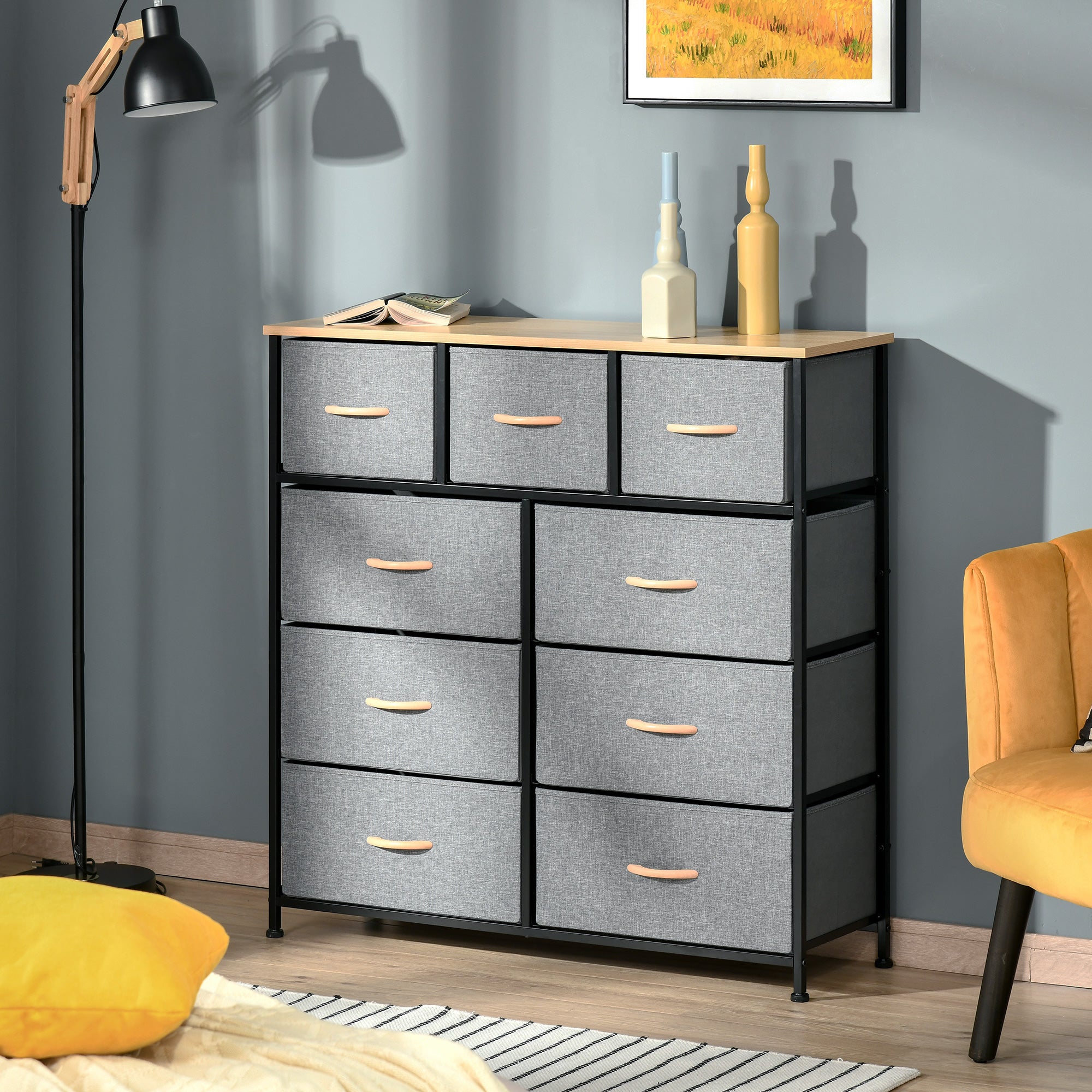 9 Drawers Storage Chest Dresser Organizer Unit w/ Steel Frame, Wood Top, Easy Pull Fabric Bins, for Hallway, Closet, Entryway, Oak & Grey