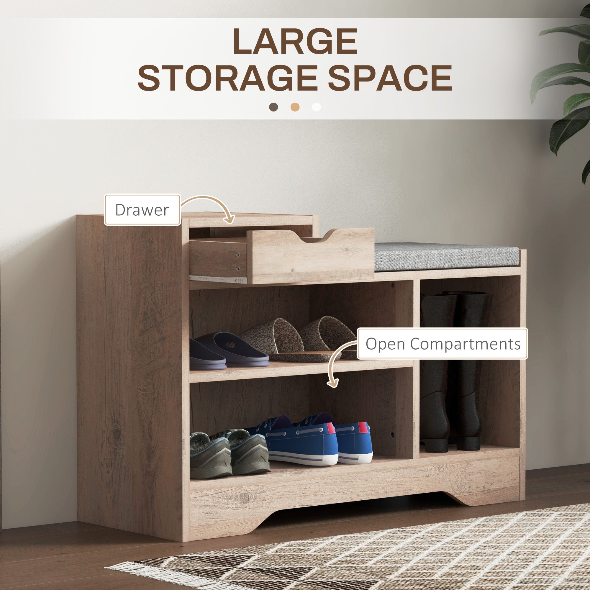 HOMCOM Shoe Bench with Storage, Modern Upholstered Entryway Bench with Shelves, Drawer and Table Top for Living Room, Hallway, Grey