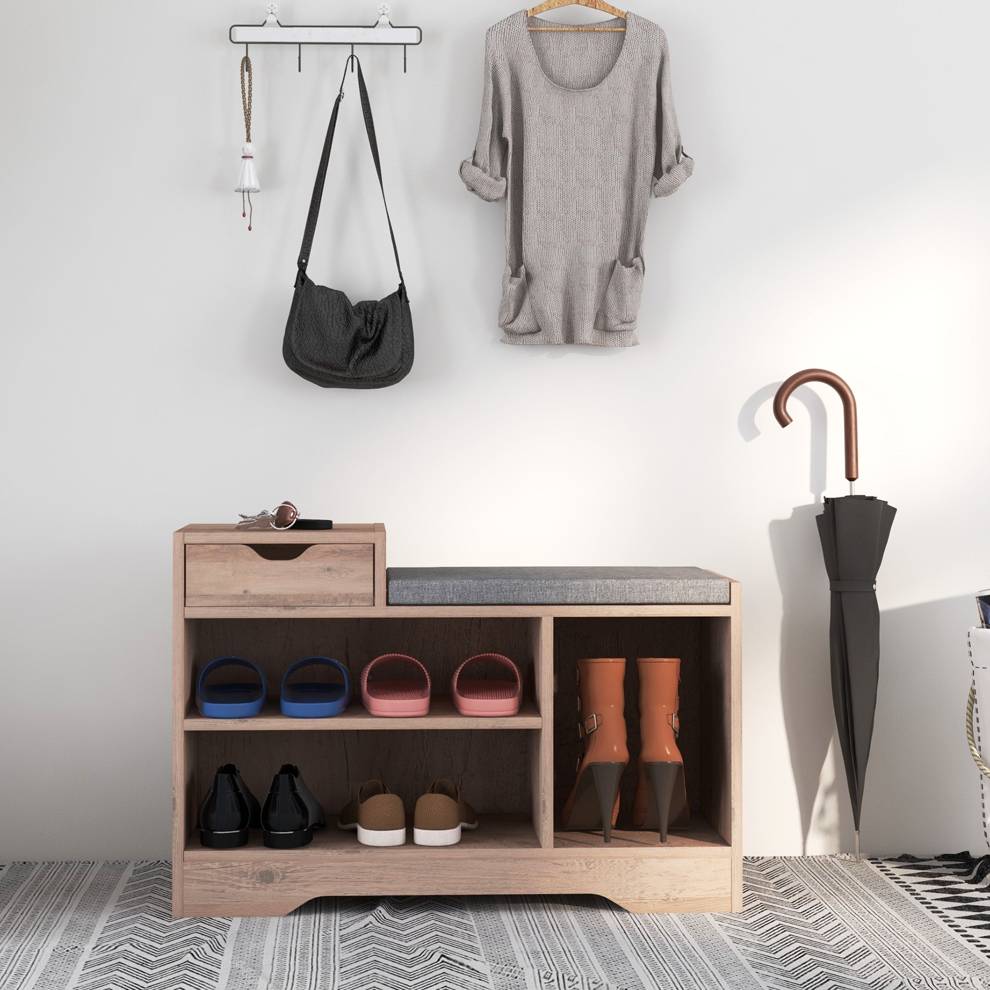 HOMCOM Shoe Bench with Storage, Modern Upholstered Entryway Bench with Shelves, Drawer and Table Top for Living Room, Hallway, Grey