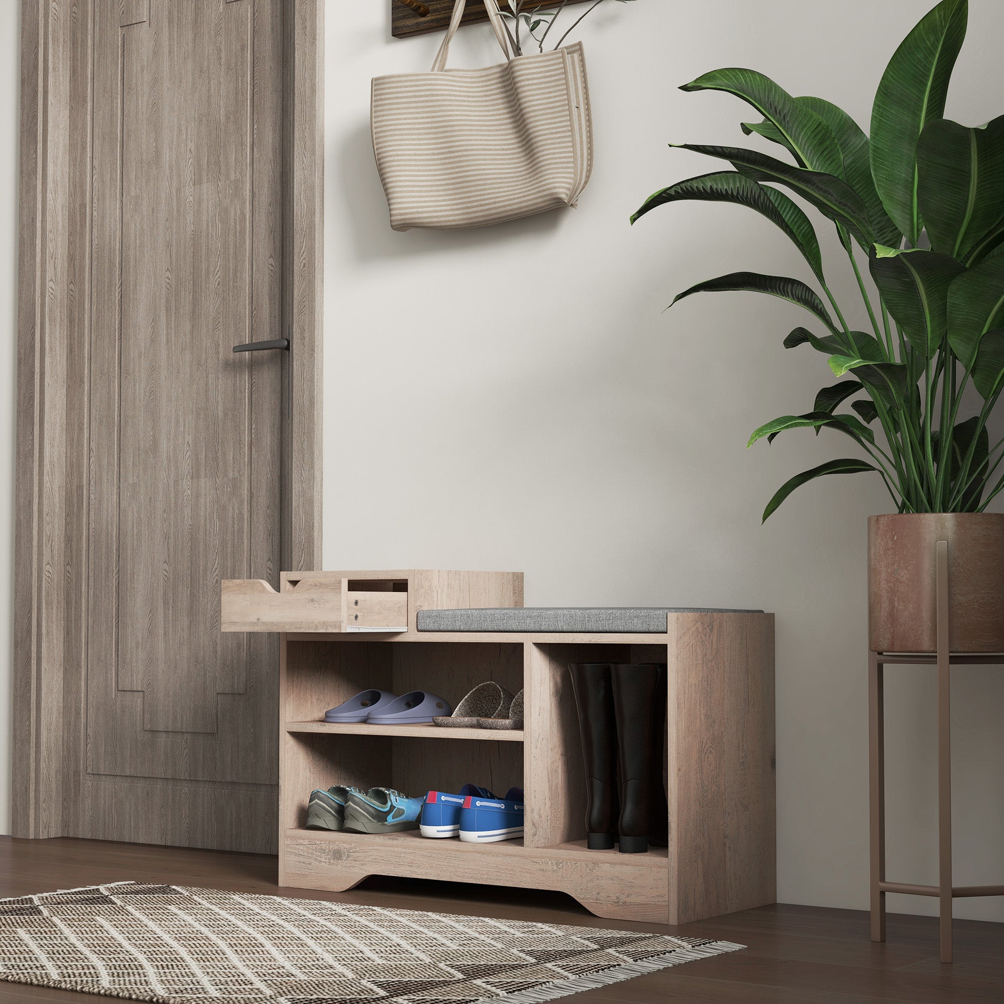 HOMCOM Shoe Bench with Storage, Modern Upholstered Entryway Bench with Shelves, Drawer and Table Top for Living Room, Hallway, Grey