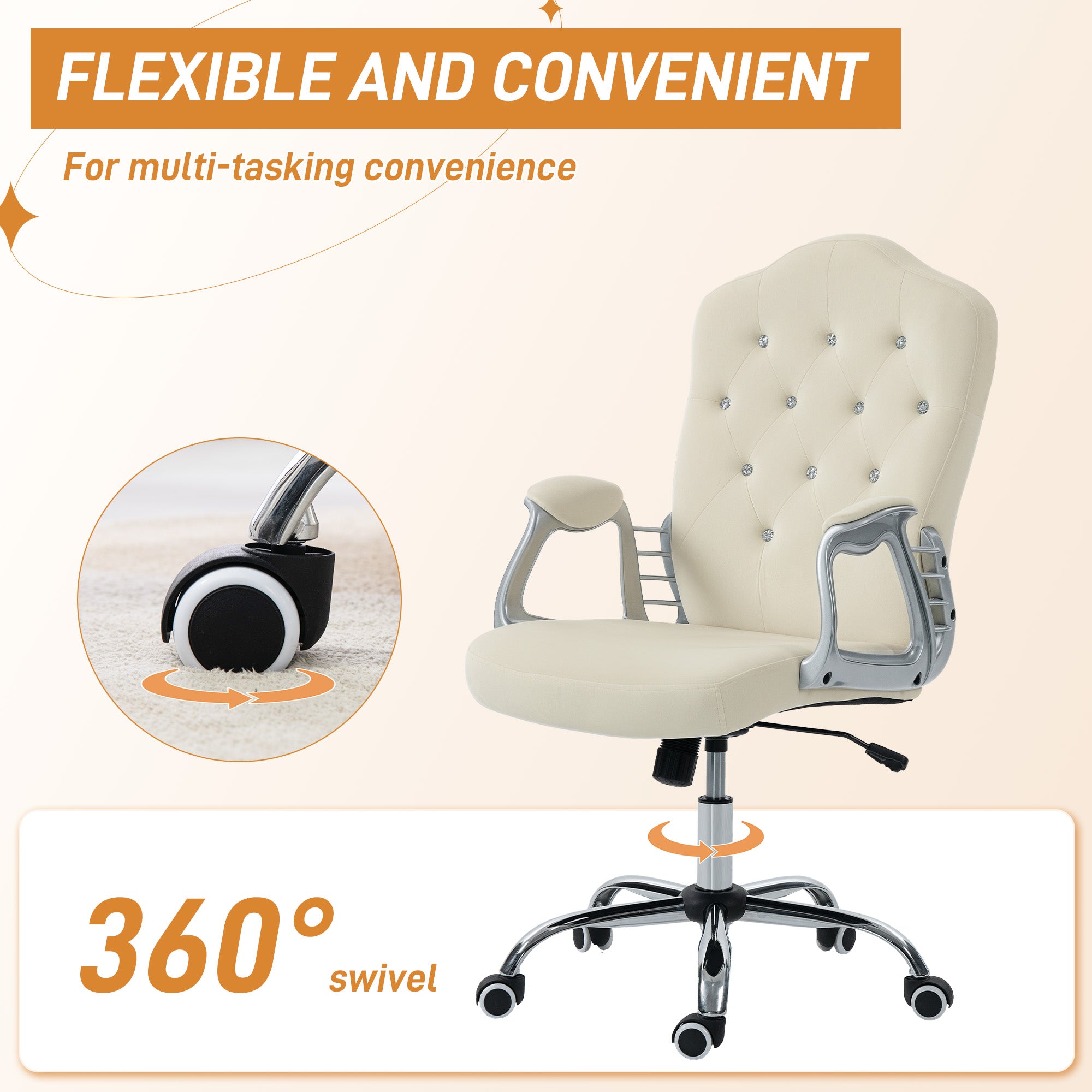 Vanity Office Chair, Velvet Computer Desk Chair with Swivel Wheels, Adjustable Height, Tilt Function, Beige