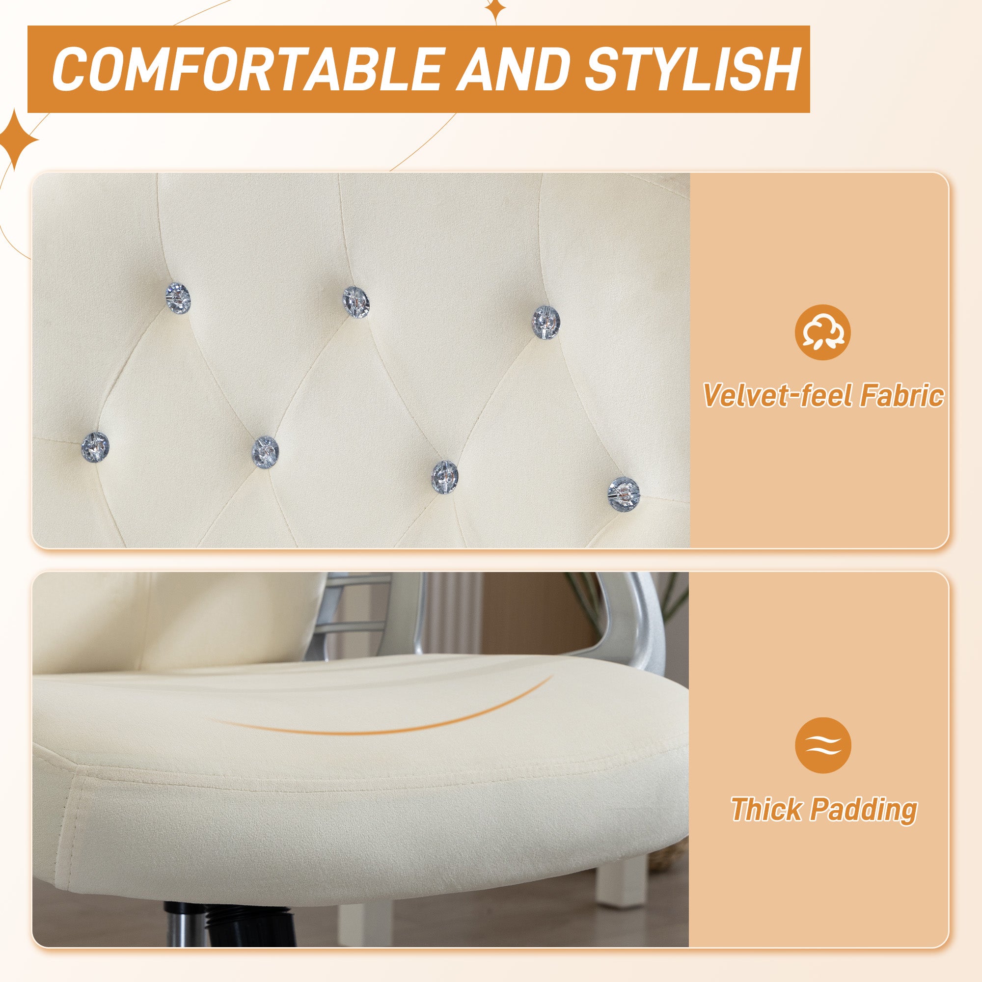 Vanity Office Chair, Velvet Computer Desk Chair with Swivel Wheels, Adjustable Height, Tilt Function, Beige