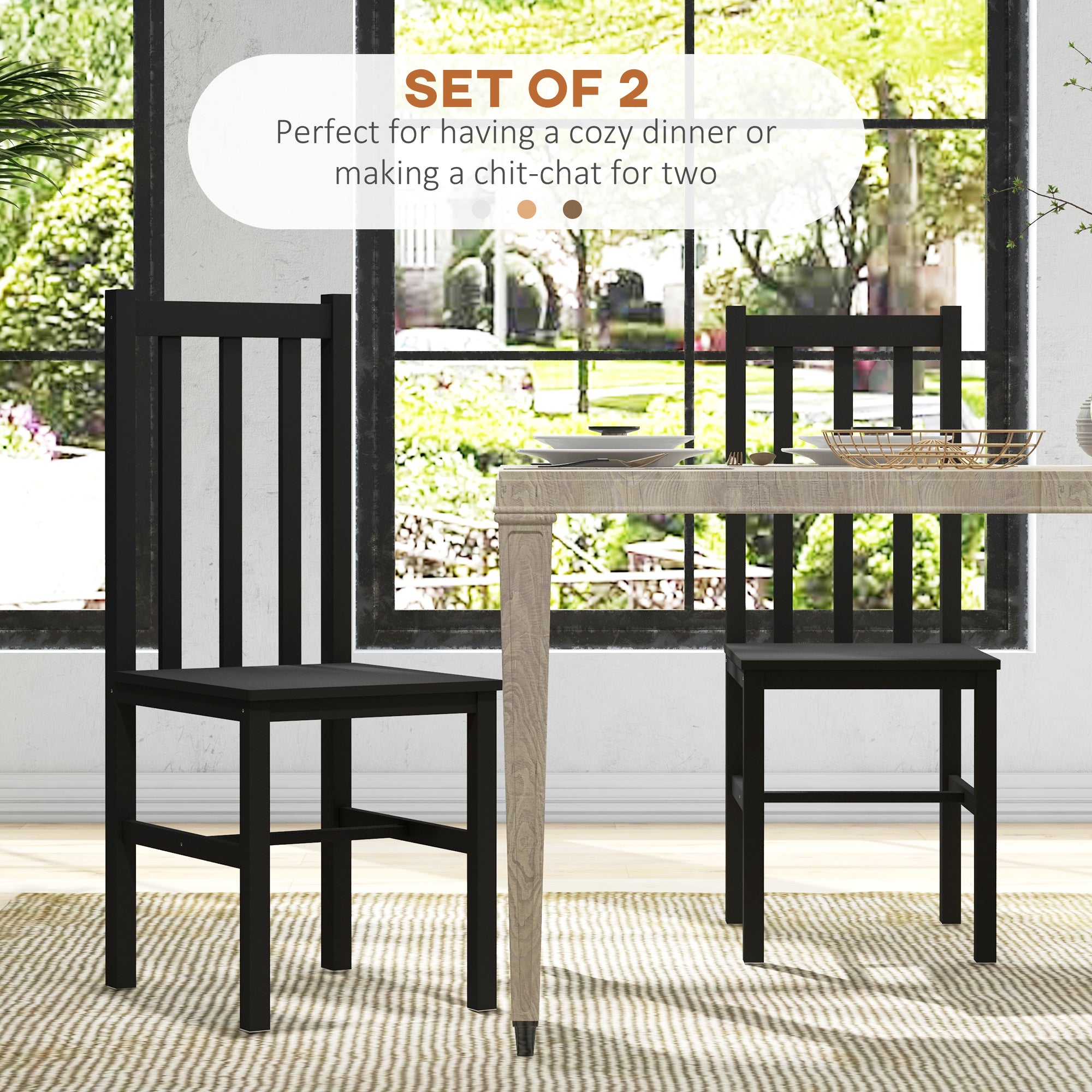 Farmhouse Dining Table Chairs, Set of 4 Pine Wood Kitchen Chairs w/ Slat Back, Black